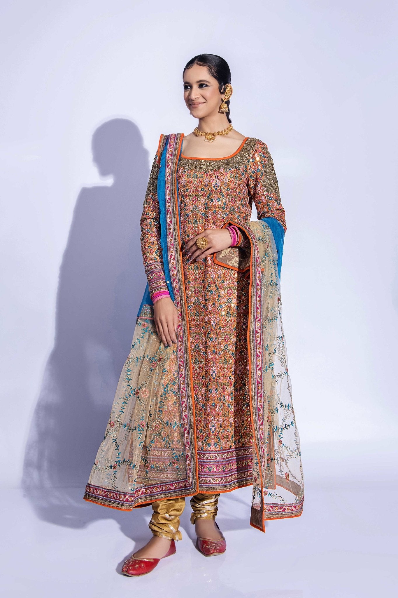 Rust Zardozi Net Long Shirt (3-Piece) - Image 2