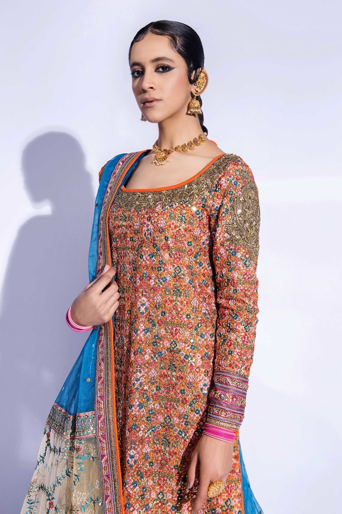 Rust Zardozi Net Long Shirt (3-Piece) - Image 3