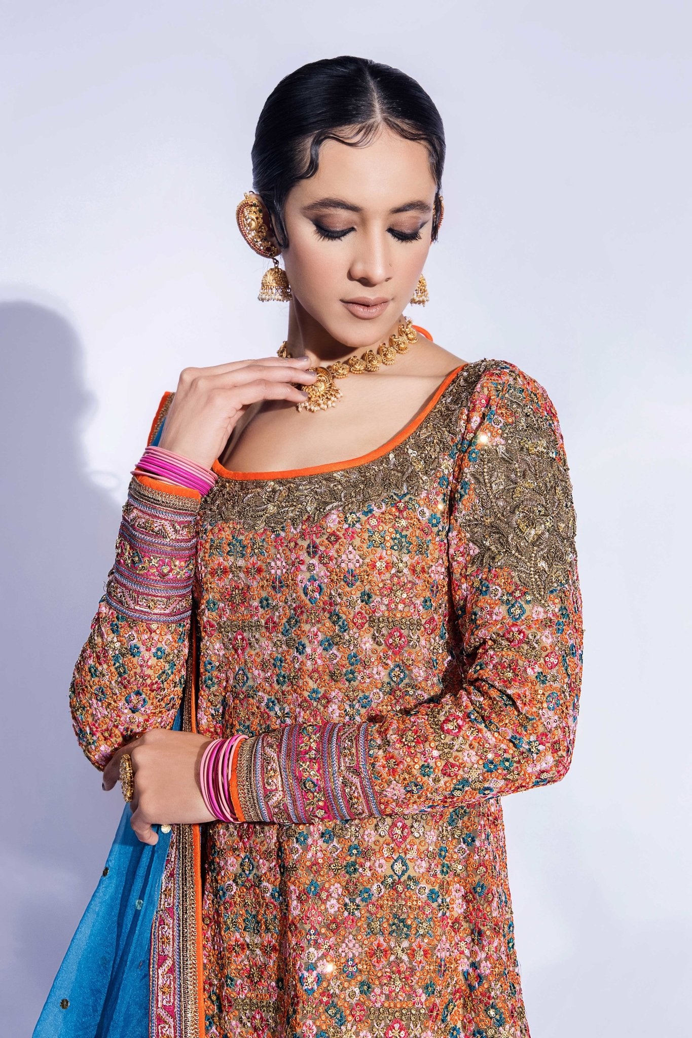 Rust Zardozi Net Long Shirt (3-Piece) - Image 4