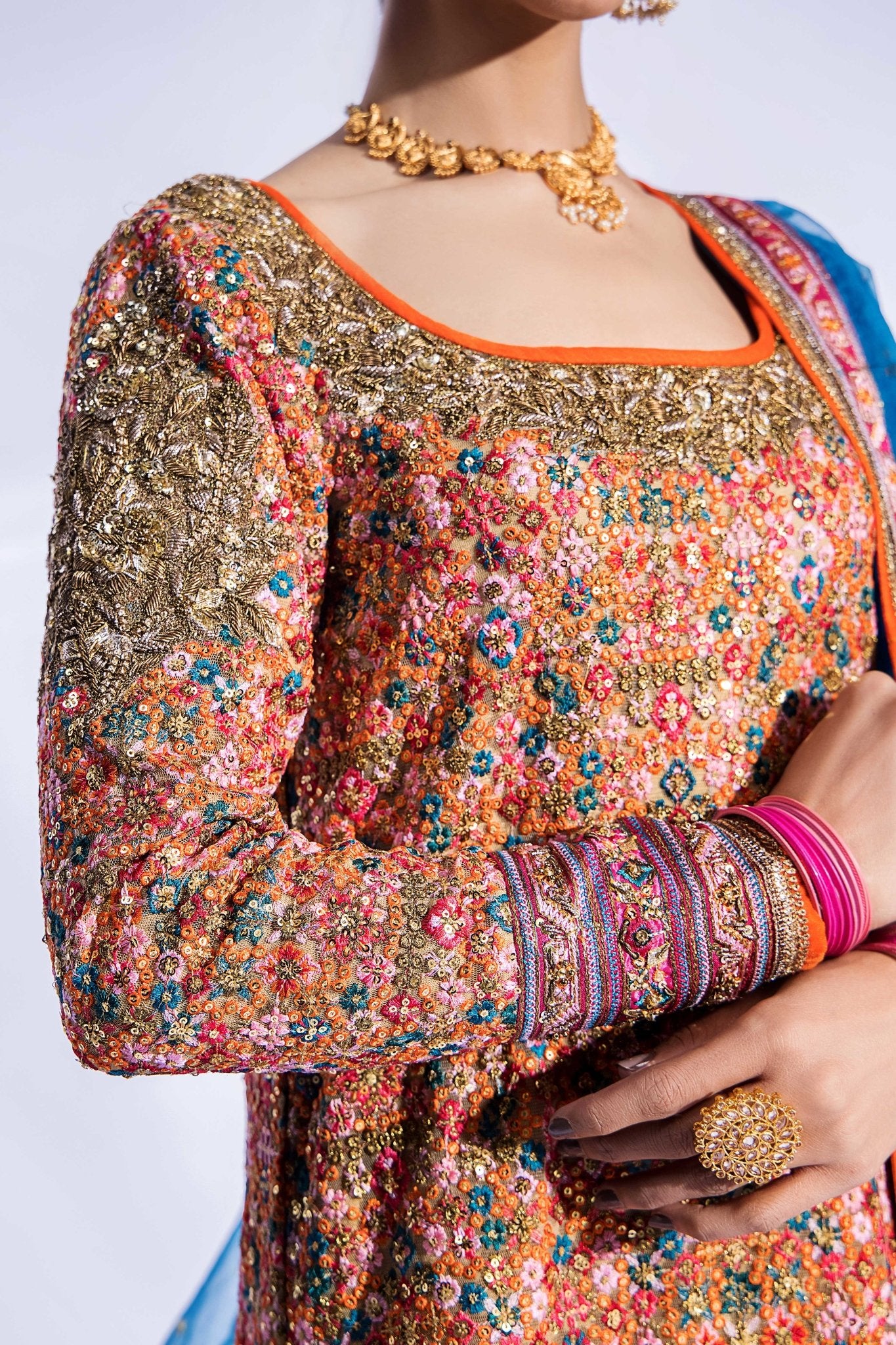 Rust Zardozi Net Long Shirt (3-Piece) - Image 5