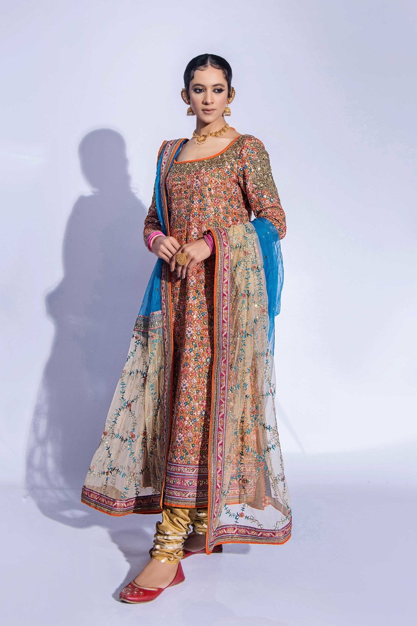 Rust Zardozi Net Long Shirt (3-Piece) - Image 9