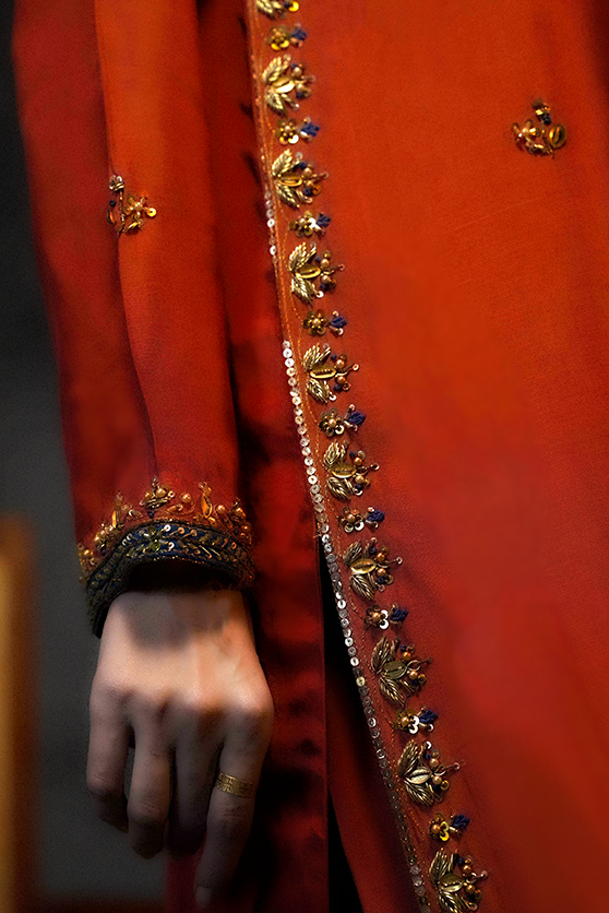 Pakistani Rust Hand-Embroidered Ramon Silk Salwar Kameez (3-Piece) - Image 1