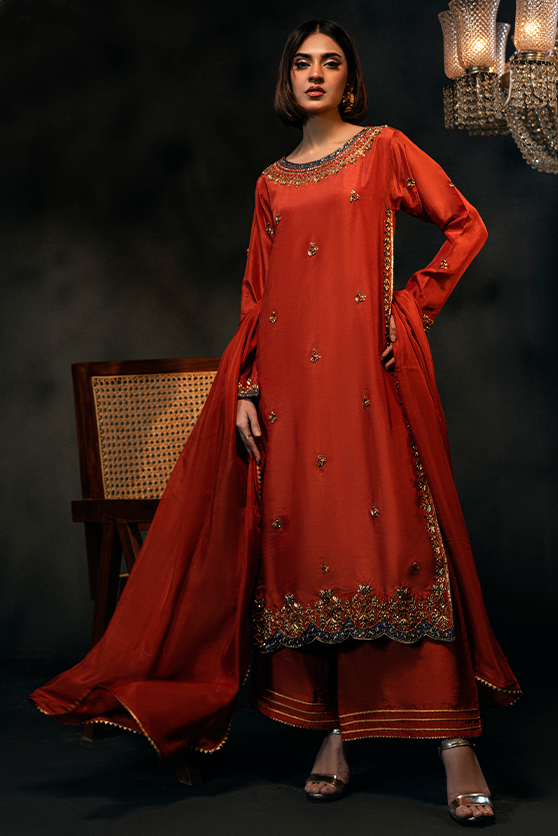 Pakistani Rust Hand-Embroidered Ramon Silk Salwar Kameez (3-Piece) - Image 2