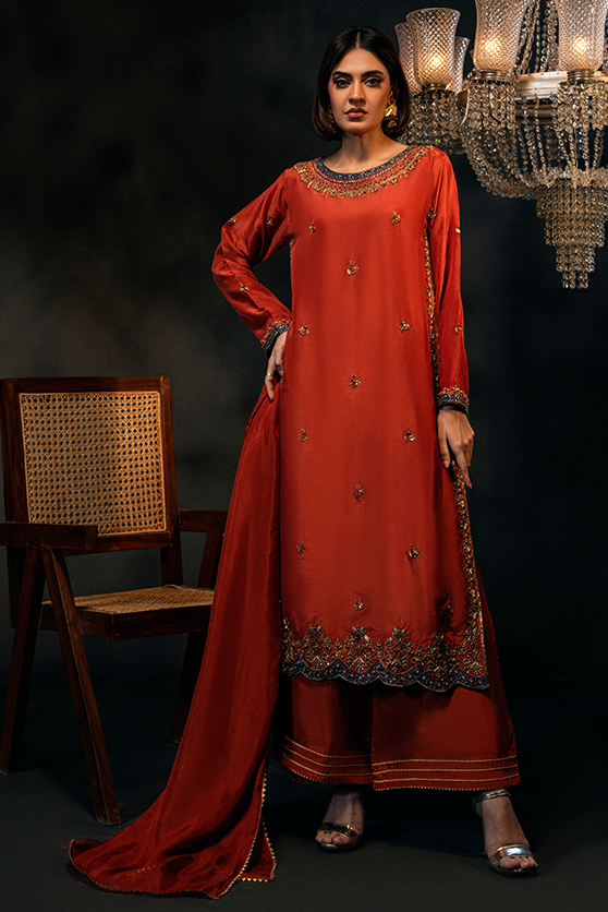 Pakistani Rust Hand-Embroidered Ramon Silk Salwar Kameez (3-Piece) - Image 3