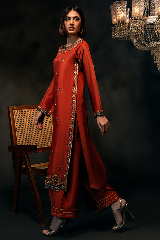 Pakistani Rust Hand-Embroidered Ramon Silk Salwar Kameez (3-Piece) - Image 4