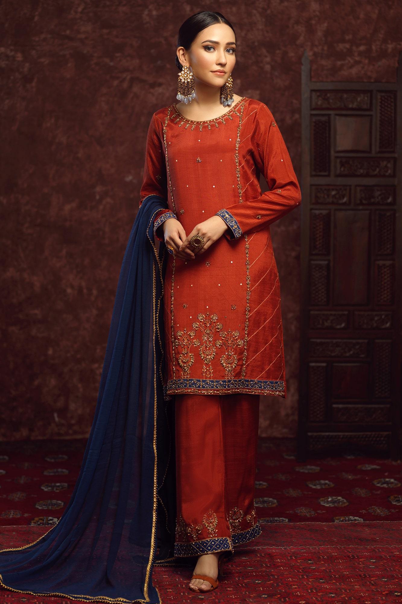 Rust Hand Embroidered Raw Silk Salwar Kameez (3-Piece) - Image 2