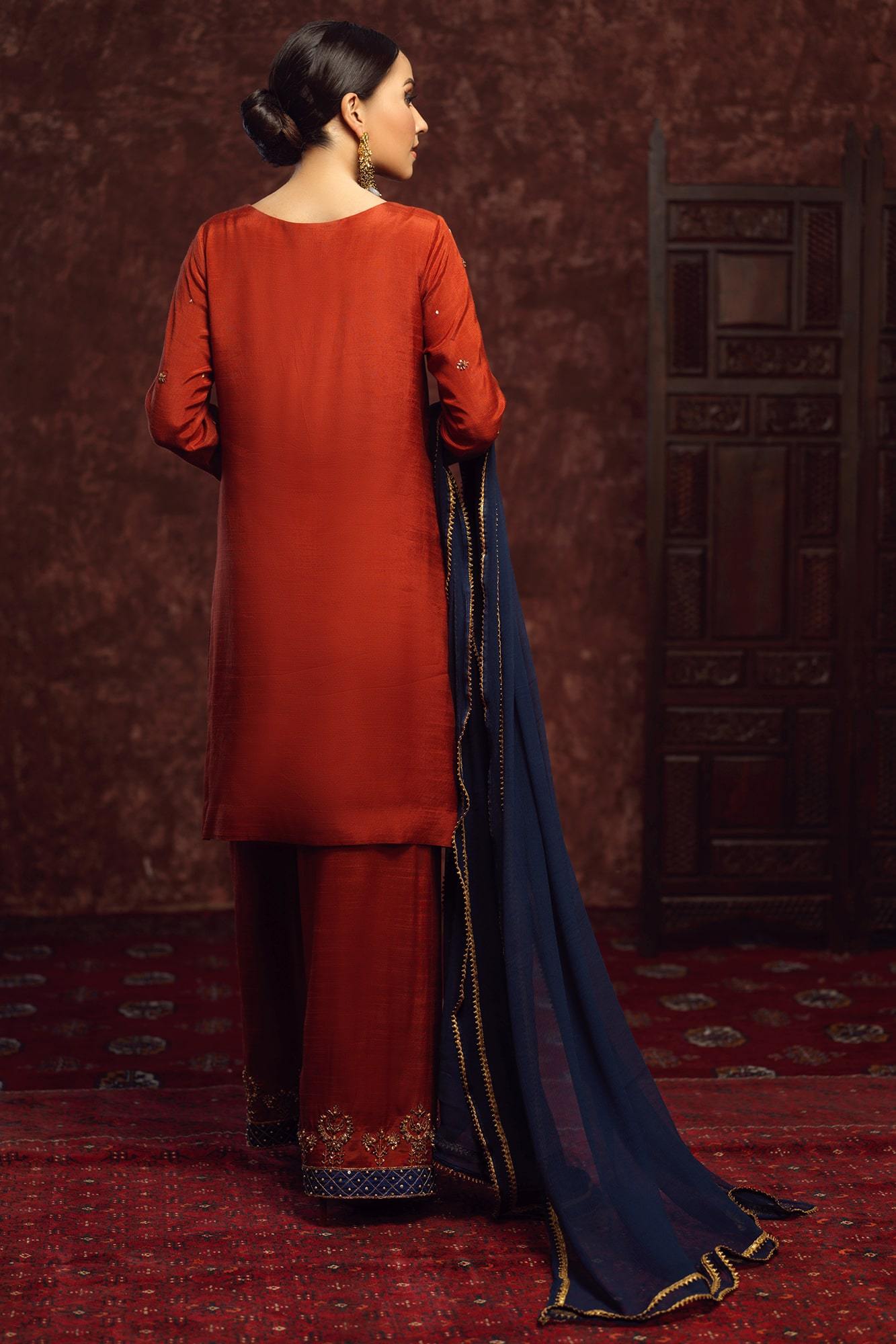 Rust Hand Embroidered Raw Silk Salwar Kameez (3-Piece) - Image 3