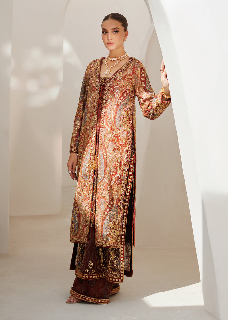 Rust Embellished Raw Silk & Organza Jacket Set (4-Piece) - Image 1