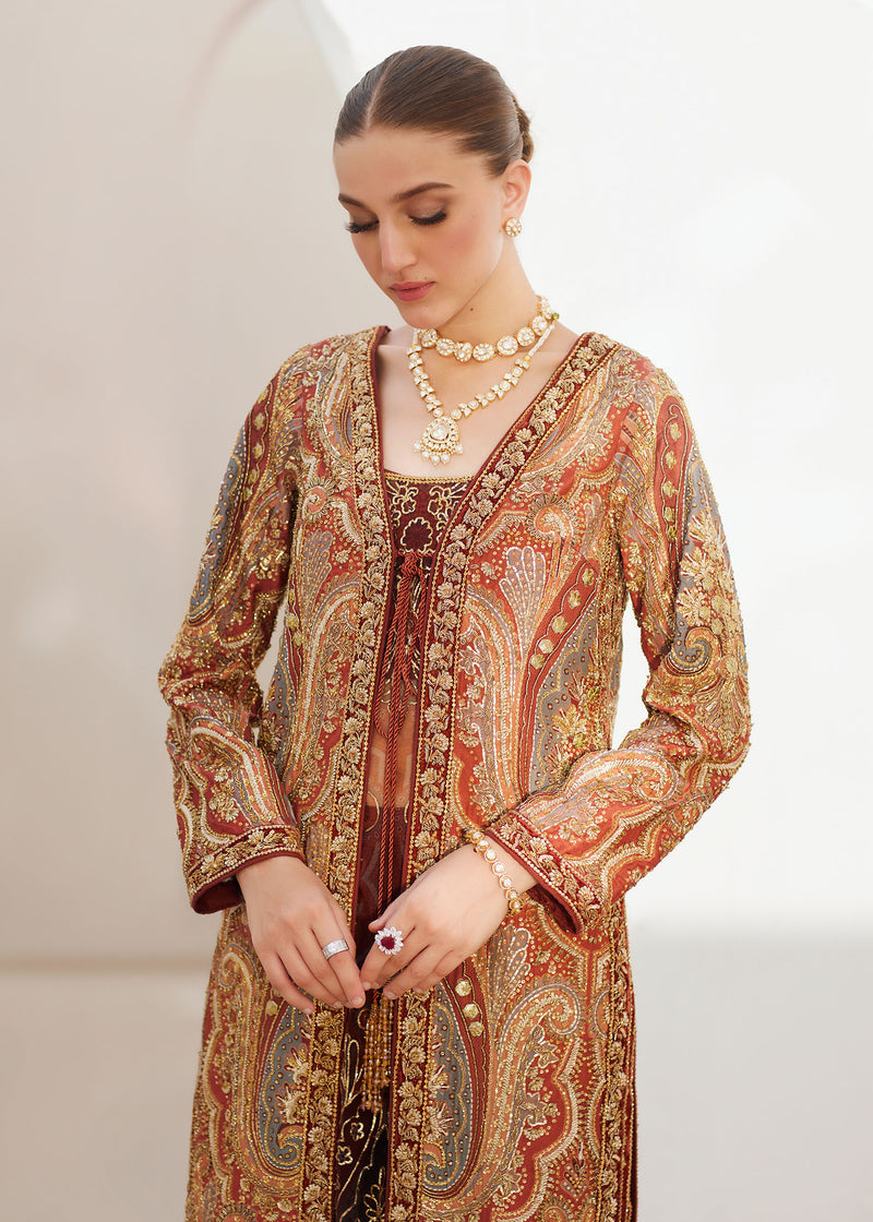Rust Embellished Raw Silk & Organza Jacket Set (4-Piece) - Image 3