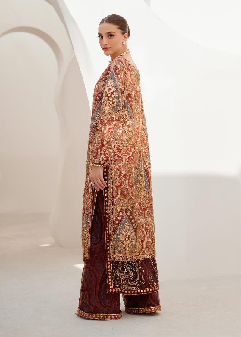 Rust Embellished Raw Silk & Organza Jacket Set (4-Piece) - Image 4