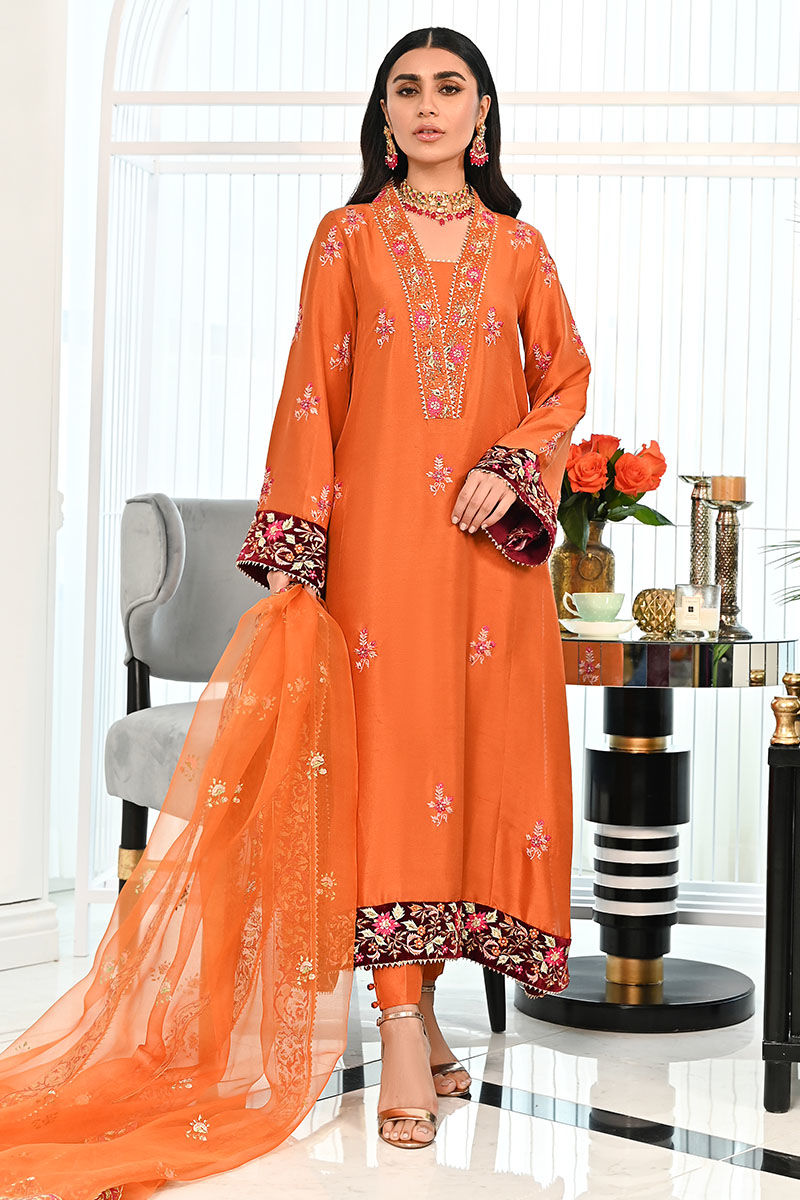 Rust Embroidered Raw Silk Salwar Kameez (3-Piece) - Image 1