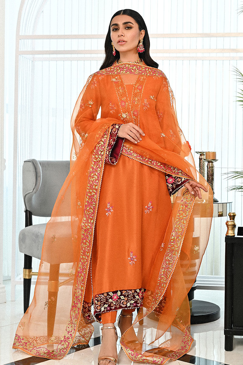 Rust Embroidered Raw Silk Salwar Kameez (3-Piece) - Image 3