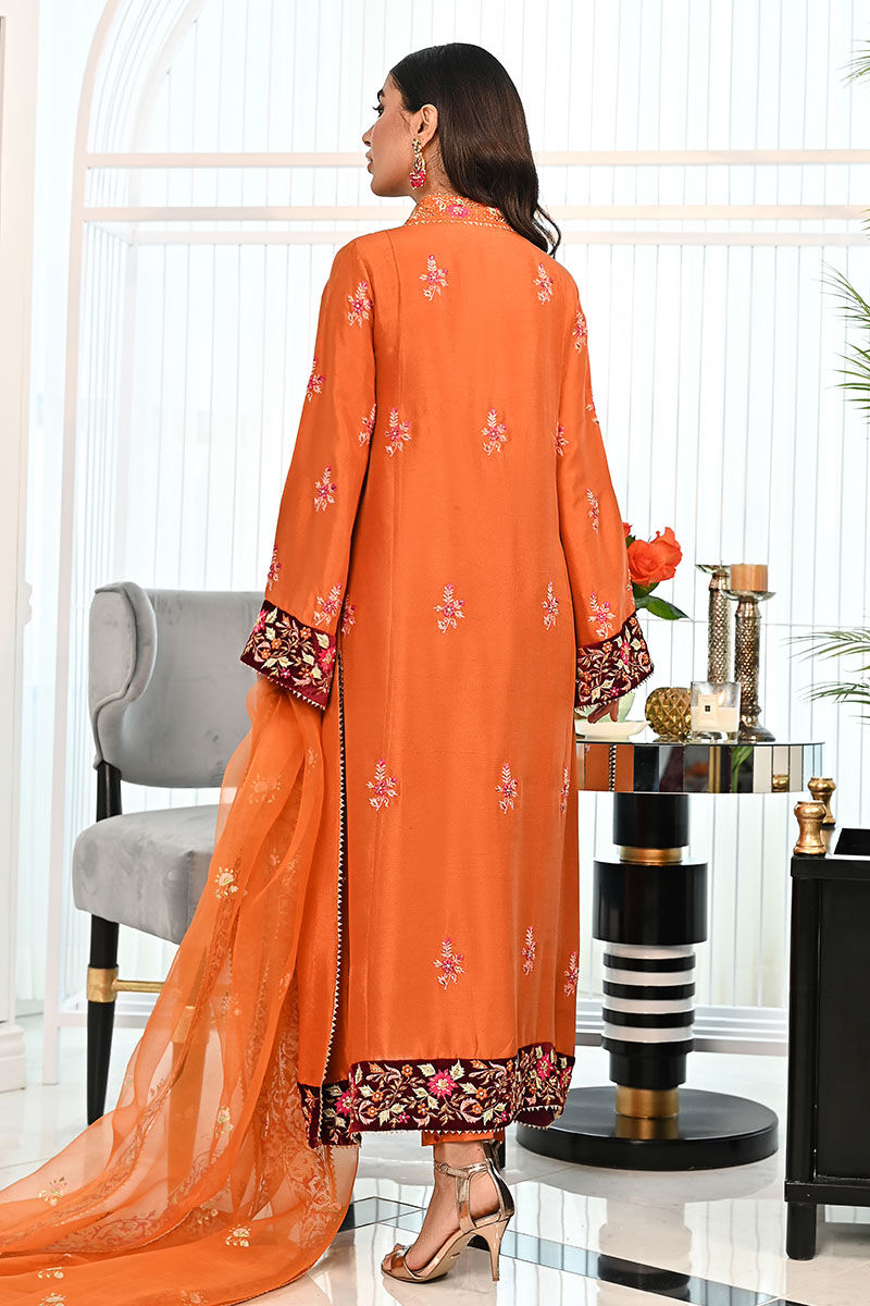 Rust Embroidered Raw Silk Salwar Kameez (3-Piece) - Image 4