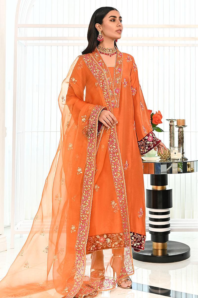 Rust Embroidered Raw Silk Salwar Kameez (3-Piece) - Image 5