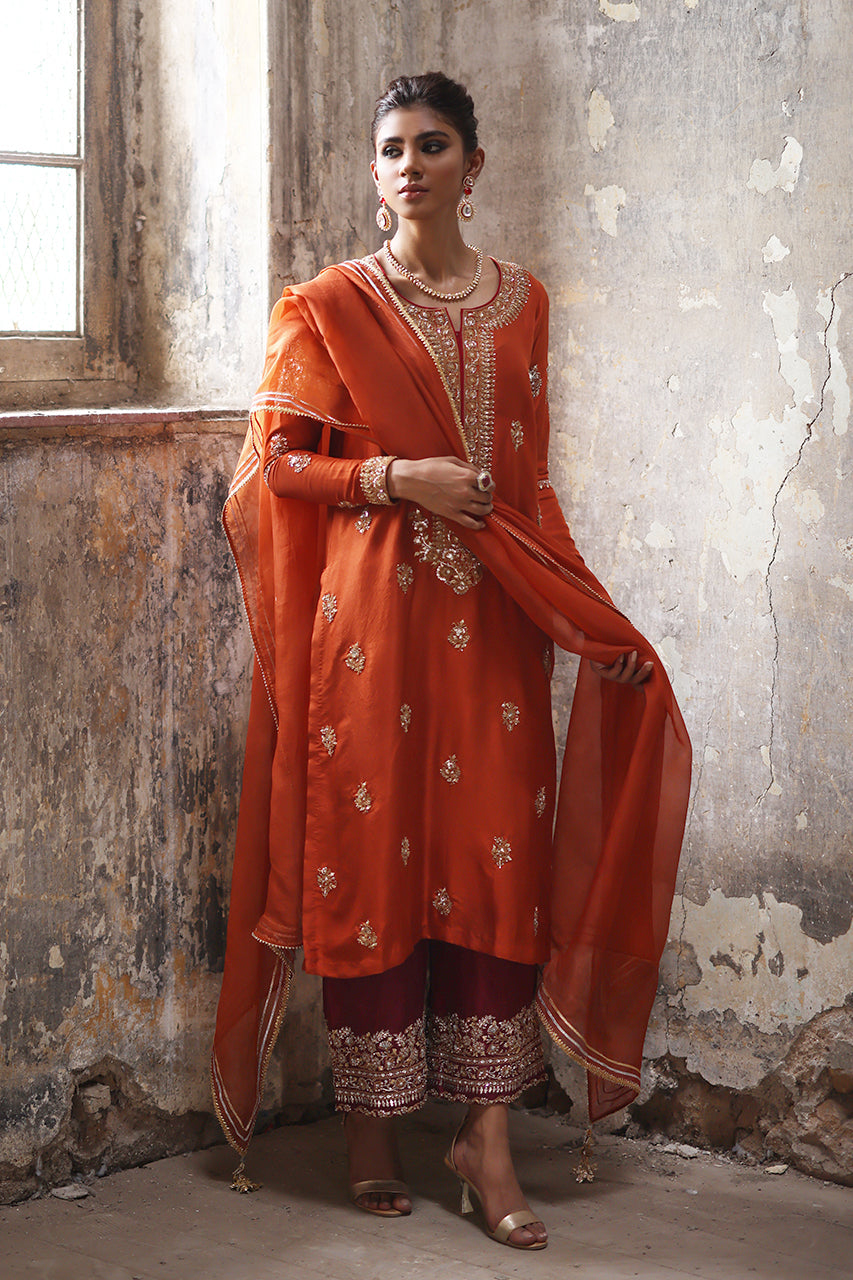 Pakistani Rust Marori Gota Zardozi Raw Silk Kurta (3-Piece) - Image 10