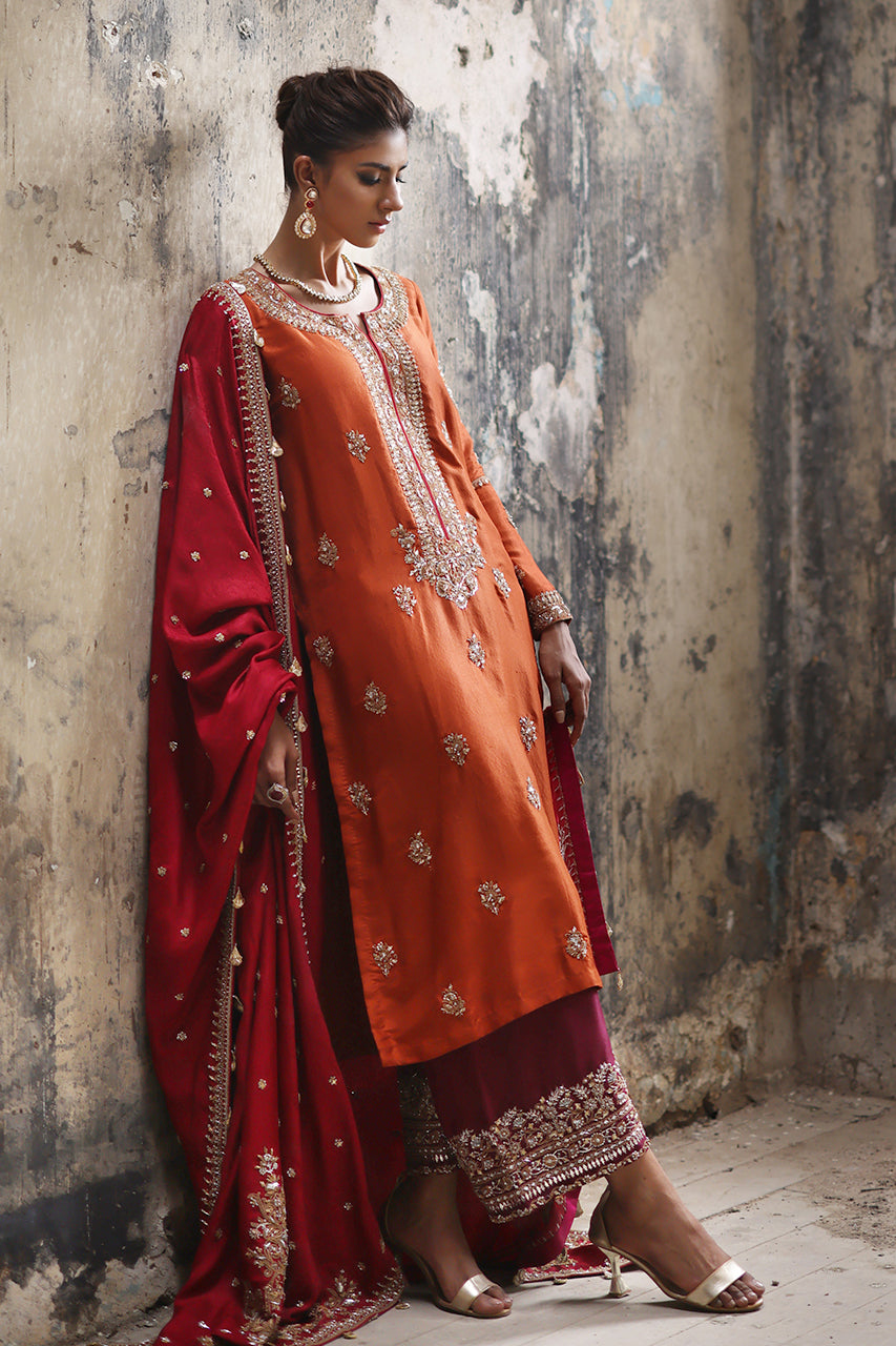 Pakistani Rust Marori Gota Zardozi Raw Silk Kurta (3-Piece) - Image 16