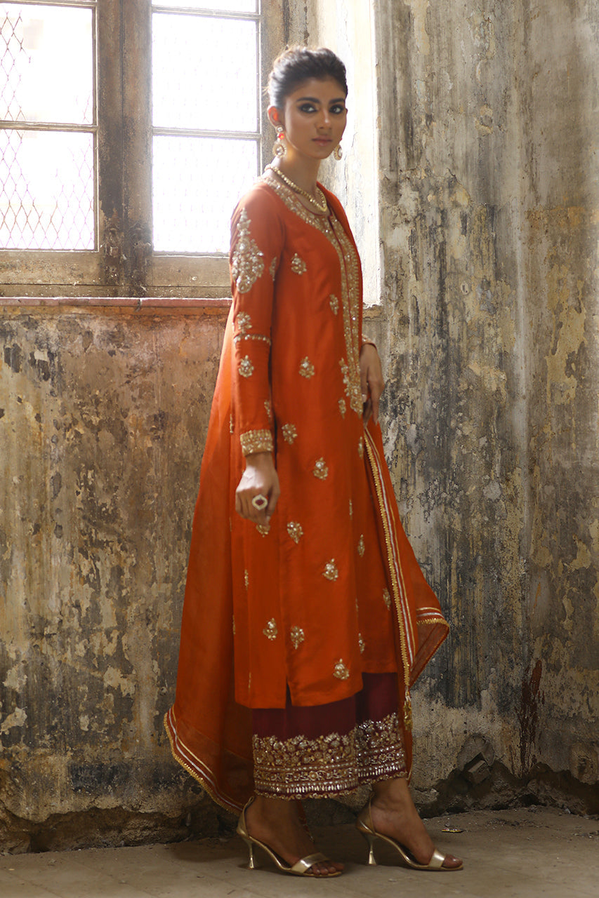 Pakistani Rust Marori Gota Zardozi Raw Silk Kurta (3-Piece) - Image 3