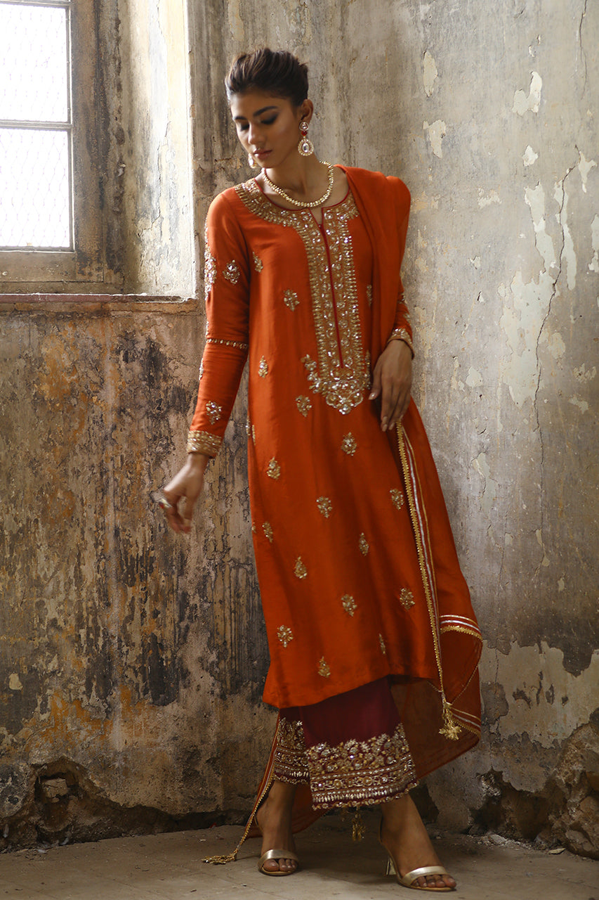 Pakistani Rust Marori Gota Zardozi Raw Silk Kurta (3-Piece) - Image 5