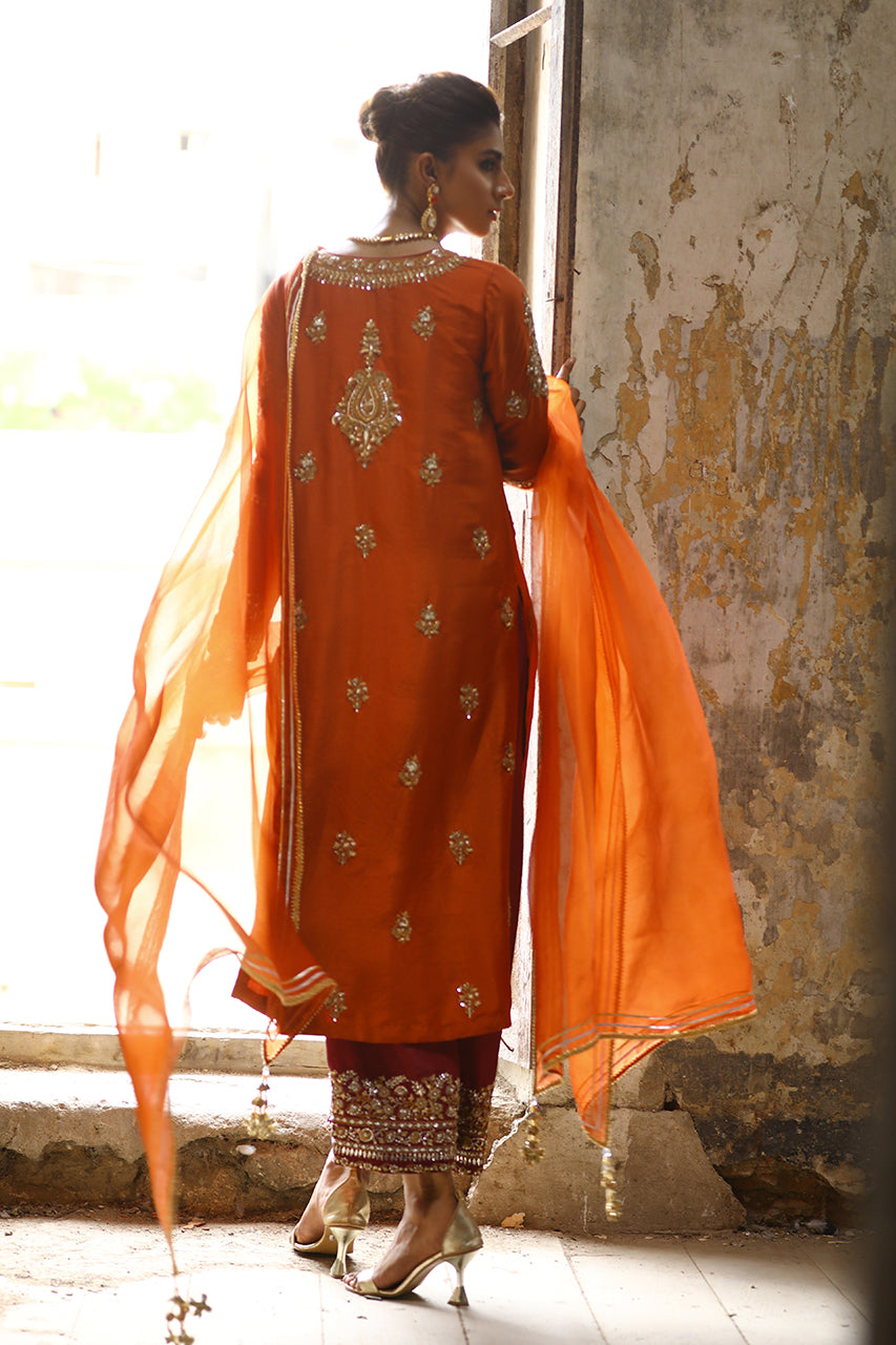 Pakistani Rust Marori Gota Zardozi Raw Silk Kurta (3-Piece) - Image 6