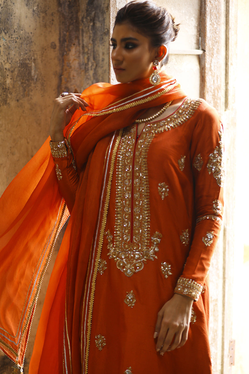 Pakistani Rust Marori Gota Zardozi Raw Silk Kurta (3-Piece) - Image 7