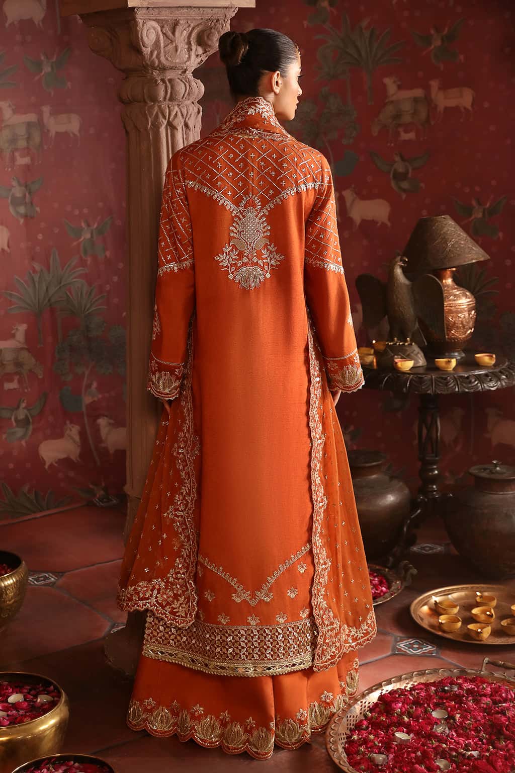 Pakistani Rust Embroidered Raw Silk Salwar Kameez (3-Piece) - Image 2