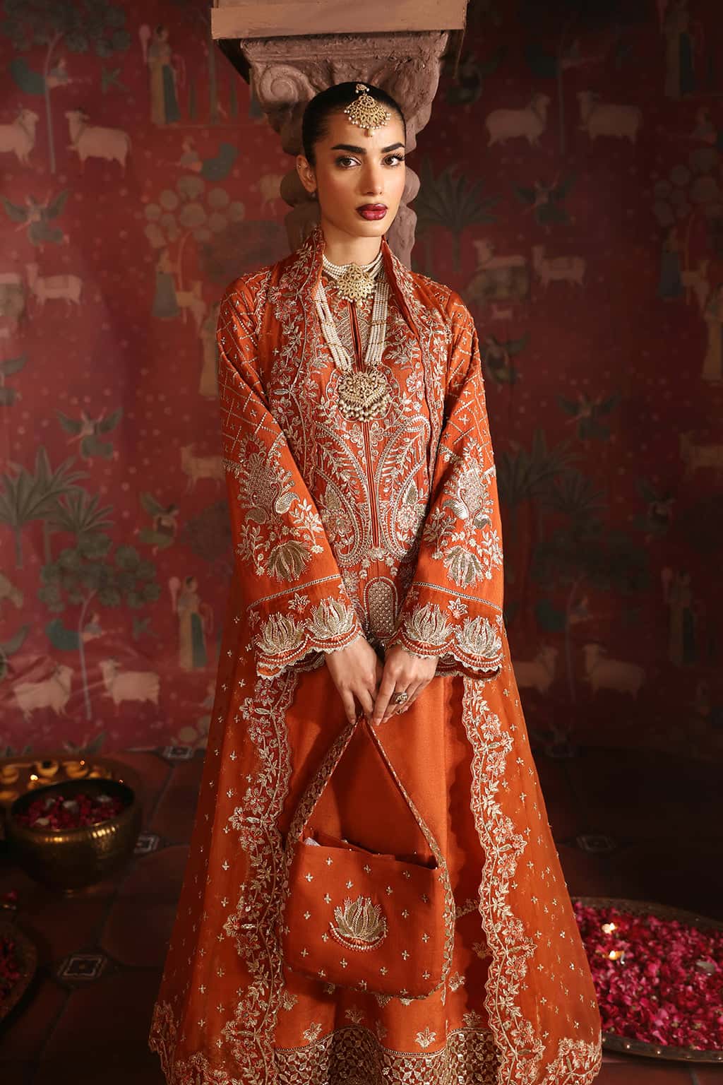 Pakistani Rust Embroidered Raw Silk Salwar Kameez (3-Piece) - Image 4