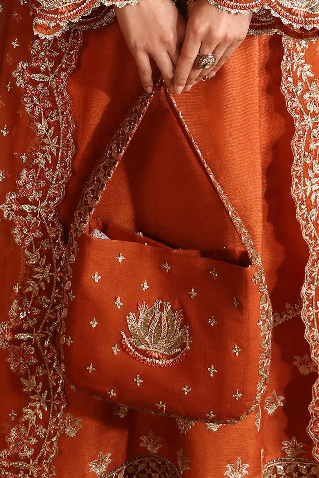 Pakistani Rust Embroidered Raw Silk Salwar Kameez (3-Piece) - Image 5