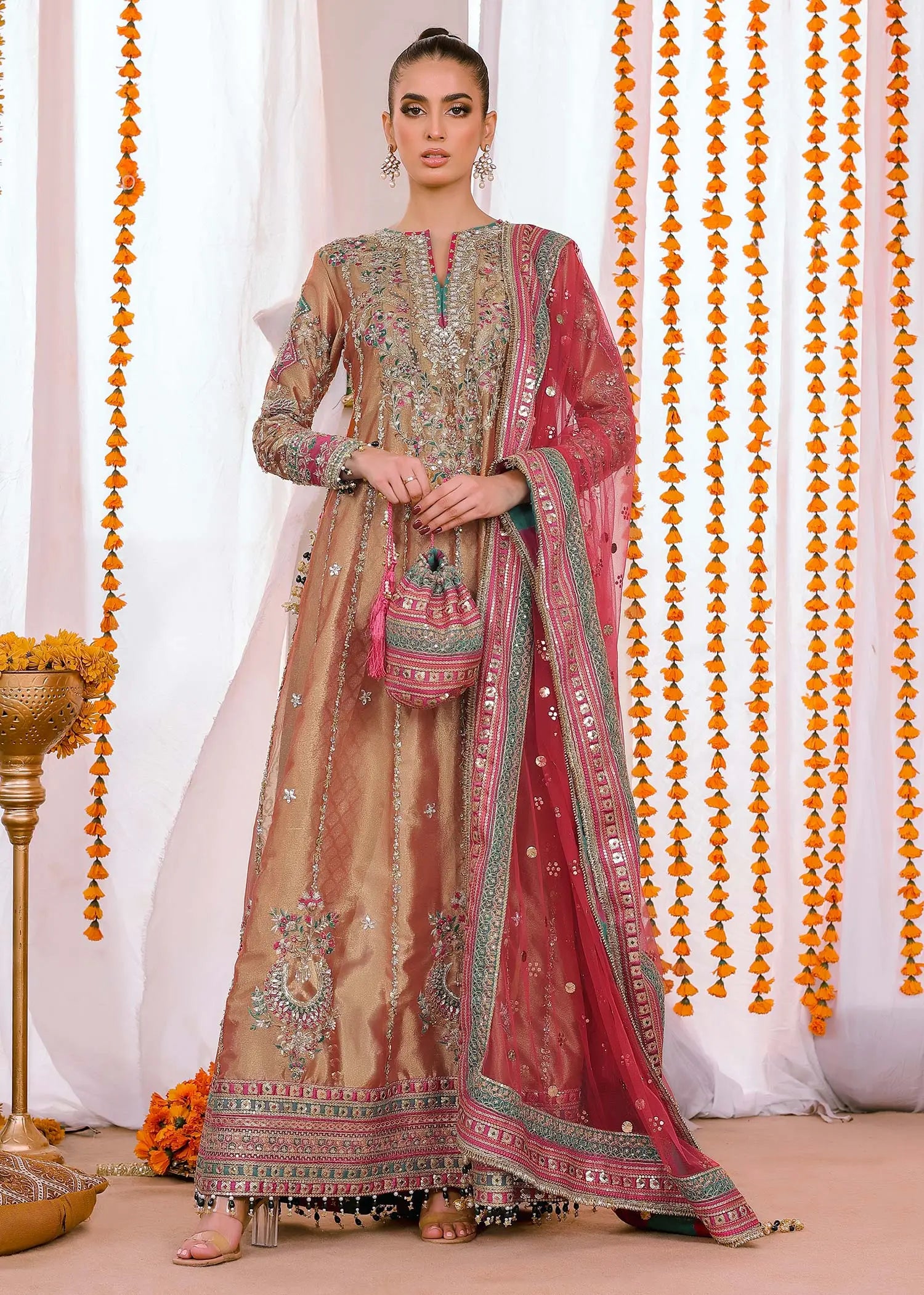 Rust & Pink Embroidered Tissue Long Shirt (4-Piece) - Image 1