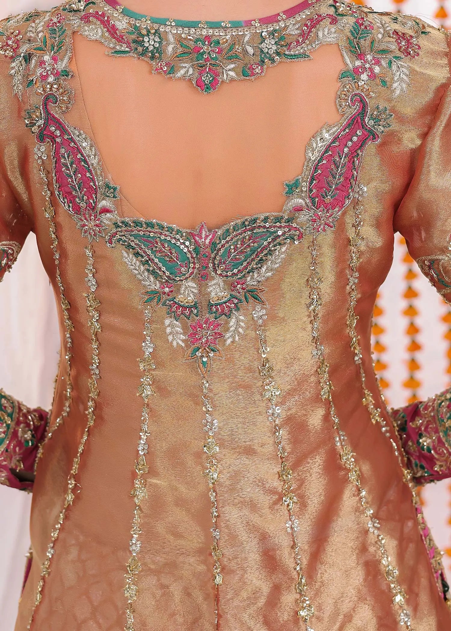 Rust & Pink Embroidered Tissue Long Shirt (4-Piece) - Image 10