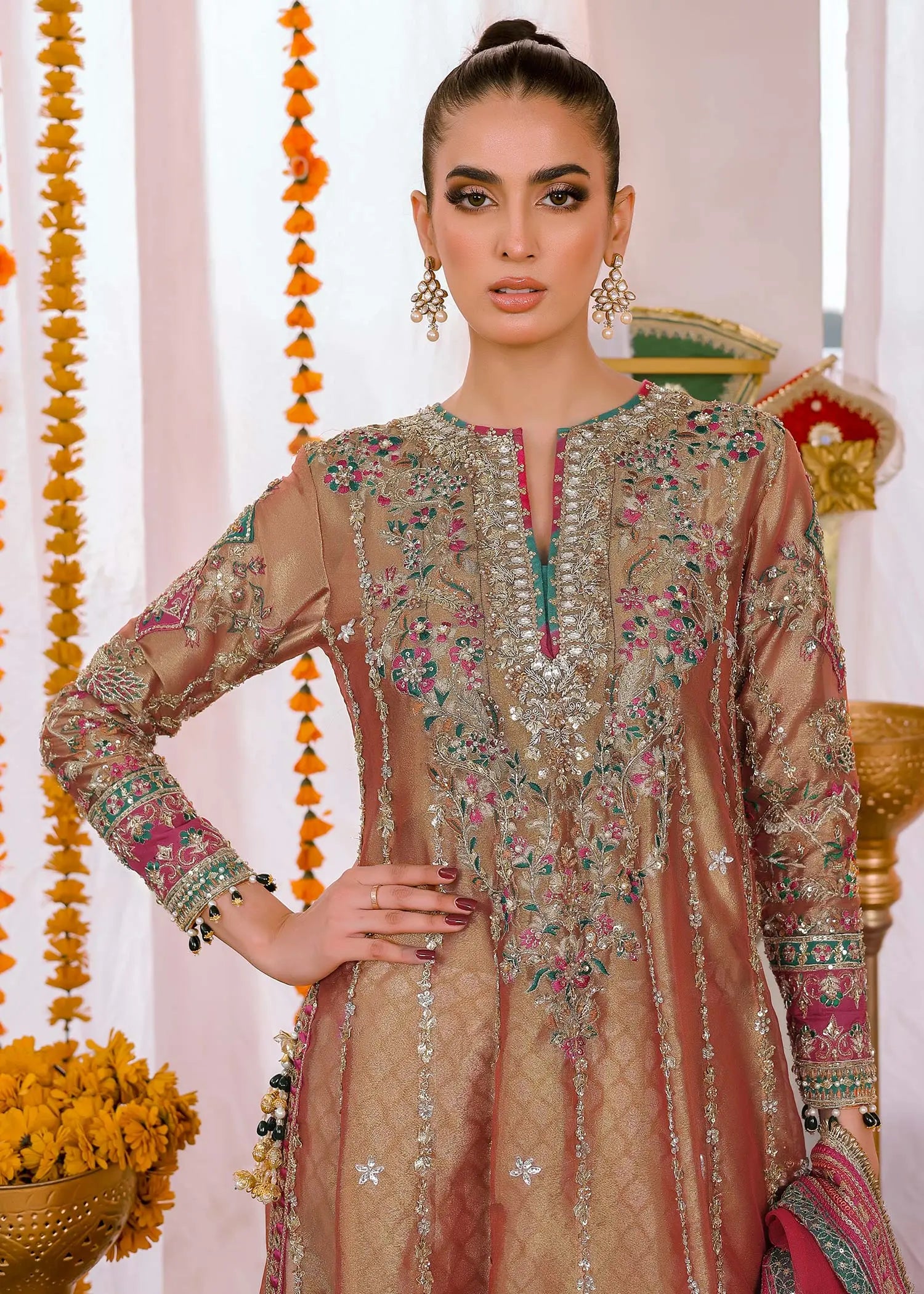 Rust & Pink Embroidered Tissue Long Shirt (4-Piece) - Image 11