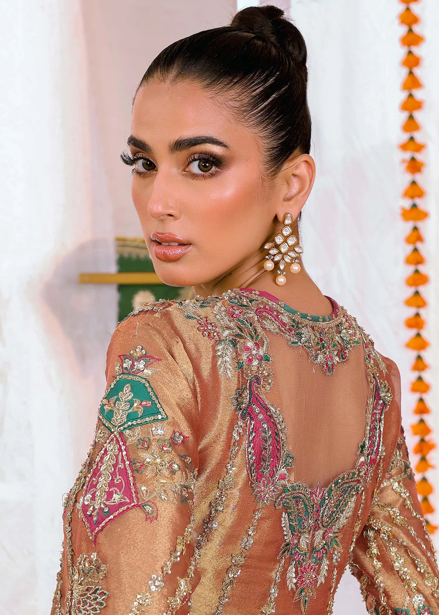 Rust & Pink Embroidered Tissue Long Shirt (4-Piece) - Image 13