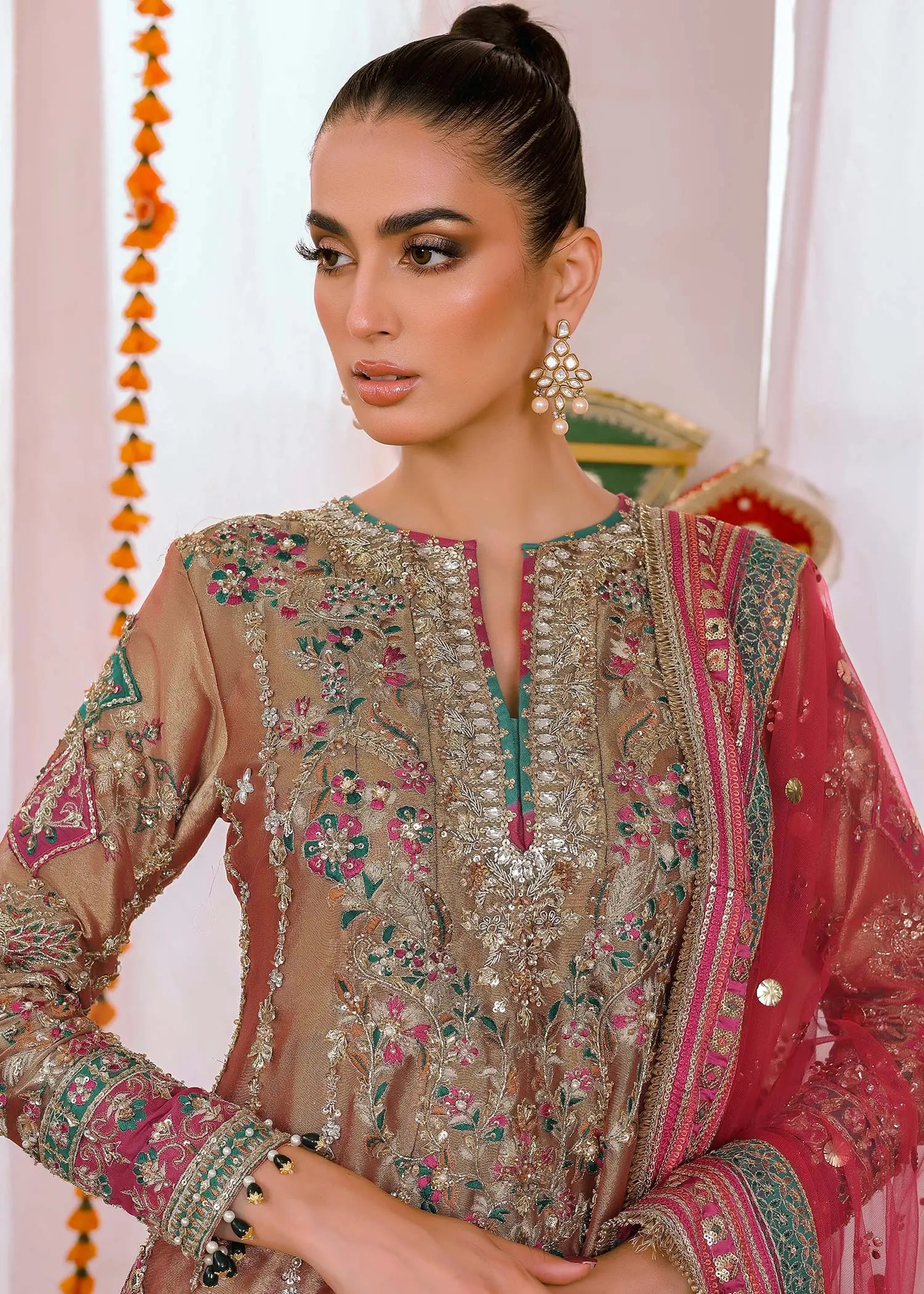 Rust & Pink Embroidered Tissue Long Shirt (4-Piece) - Image 2