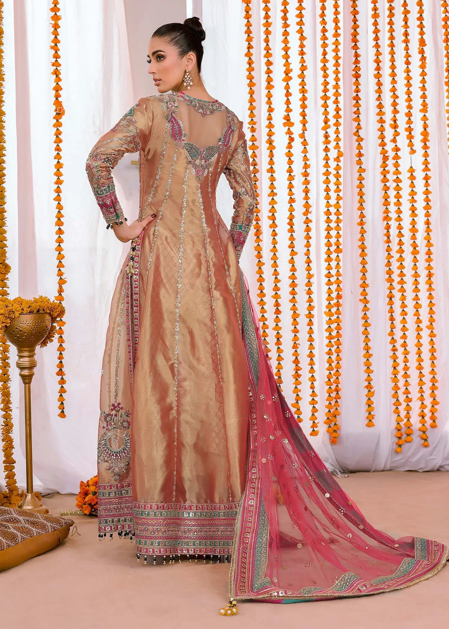 Rust & Pink Embroidered Tissue Long Shirt (4-Piece) - Image 3