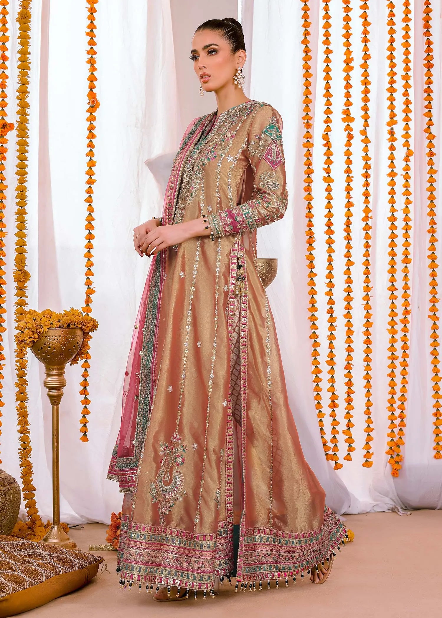 Rust & Pink Embroidered Tissue Long Shirt (4-Piece) - Image 4