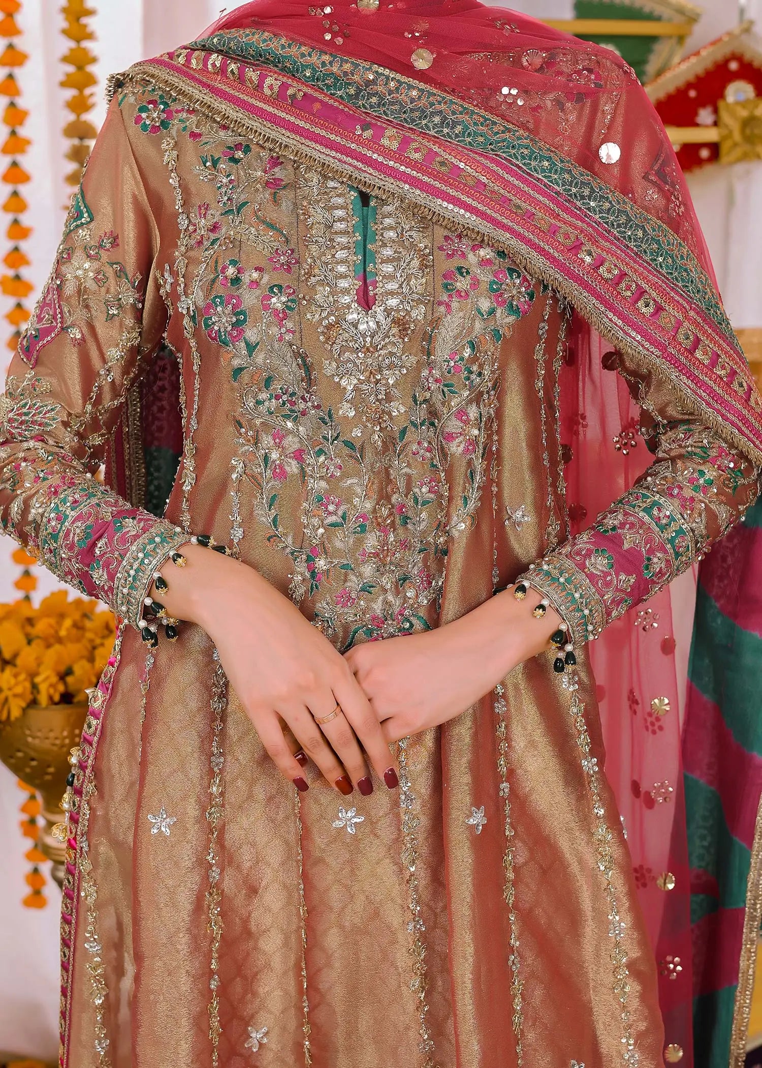 Rust & Pink Embroidered Tissue Long Shirt (4-Piece) - Image 5