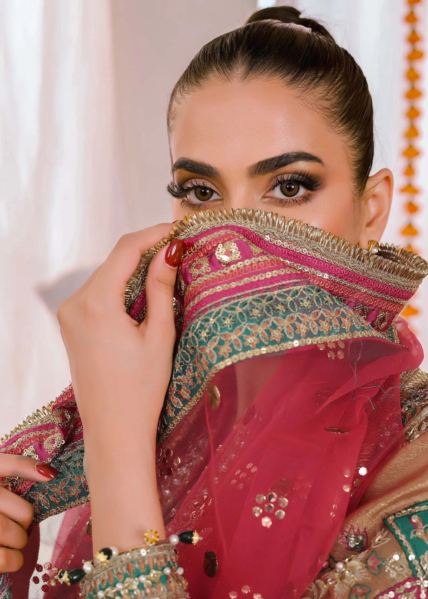 Rust & Pink Embroidered Tissue Long Shirt (4-Piece) - Image 6