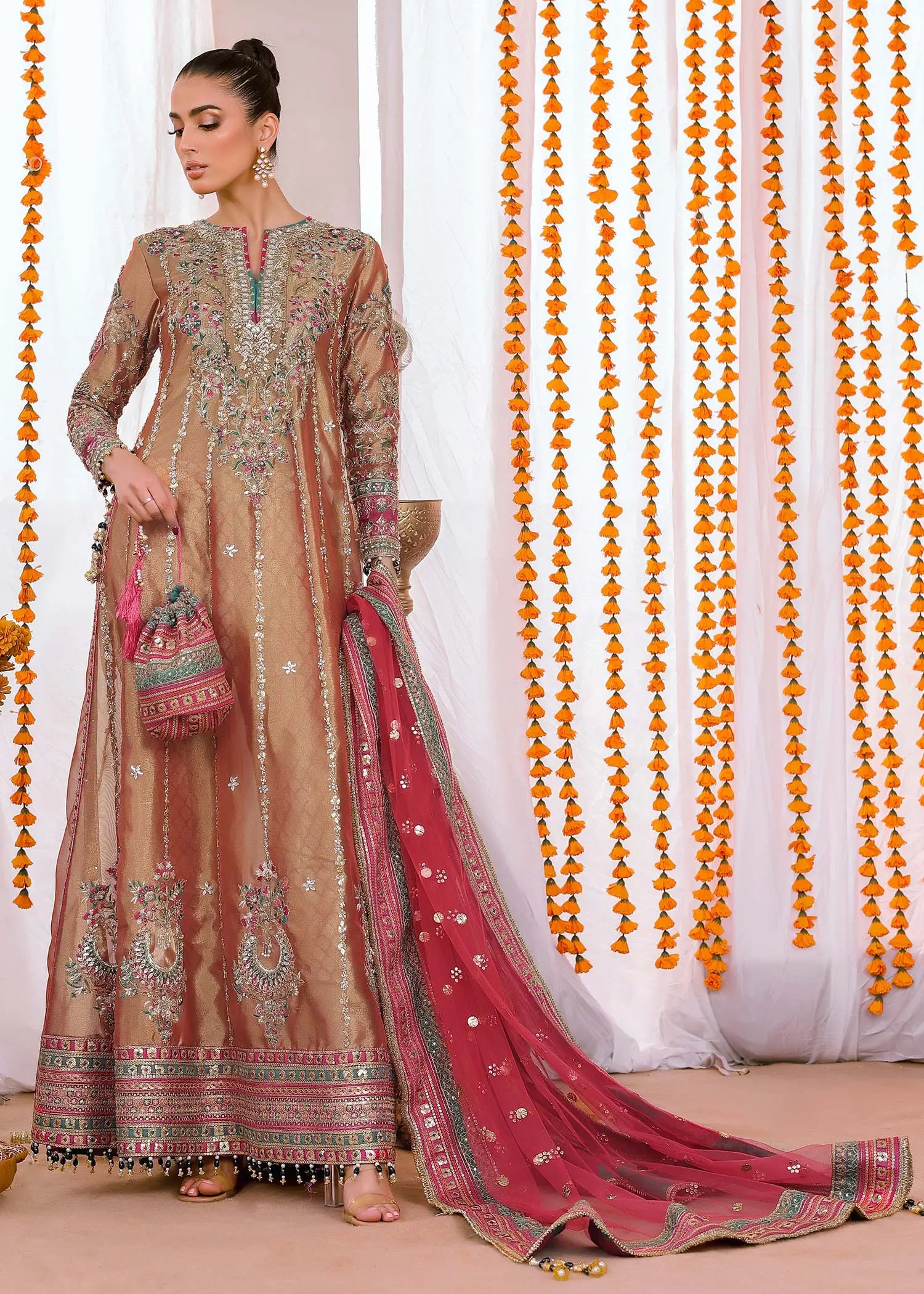 Rust & Pink Embroidered Tissue Long Shirt (4-Piece) - Image 8