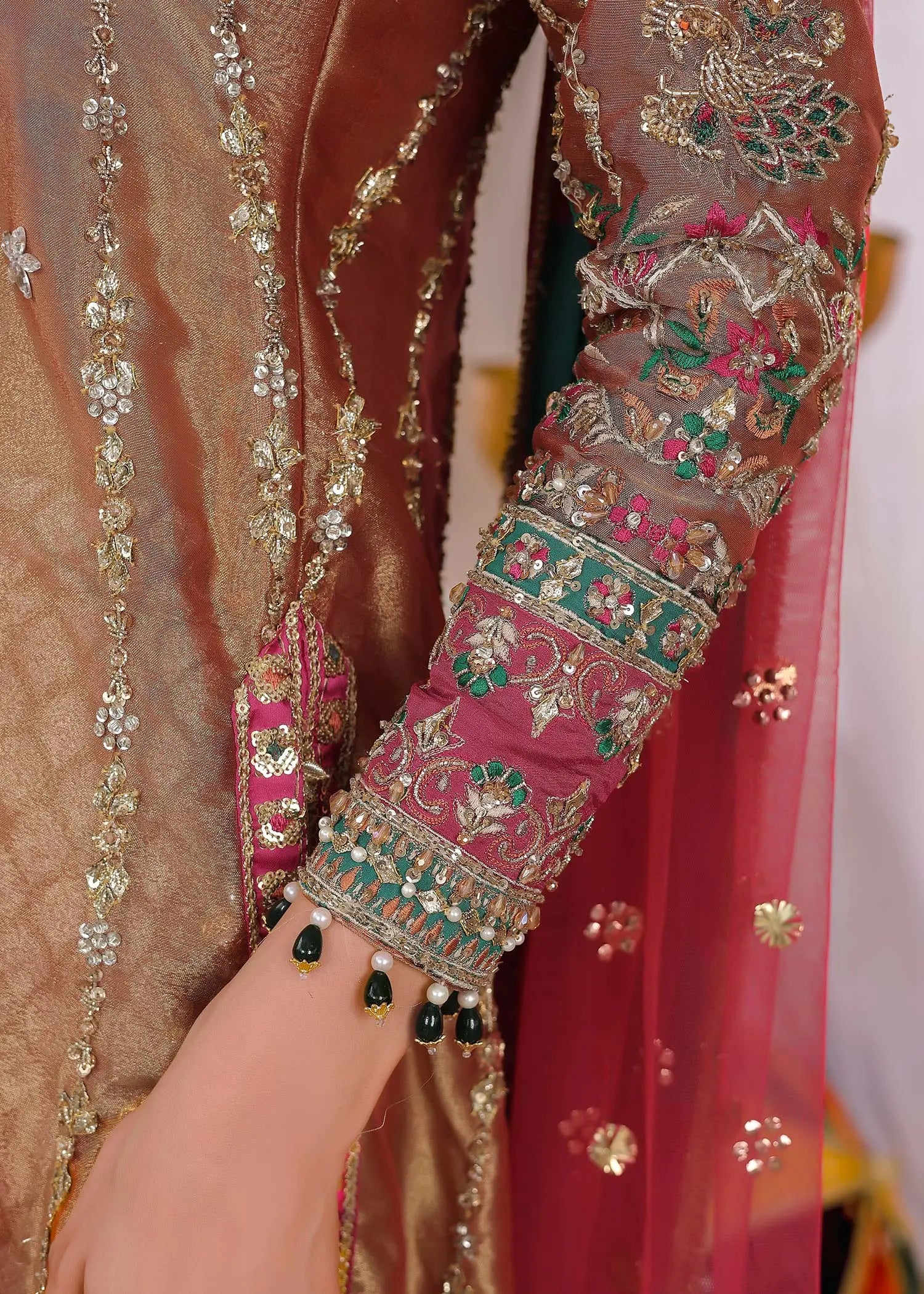 Rust & Pink Embroidered Tissue Long Shirt (4-Piece) - Image 9