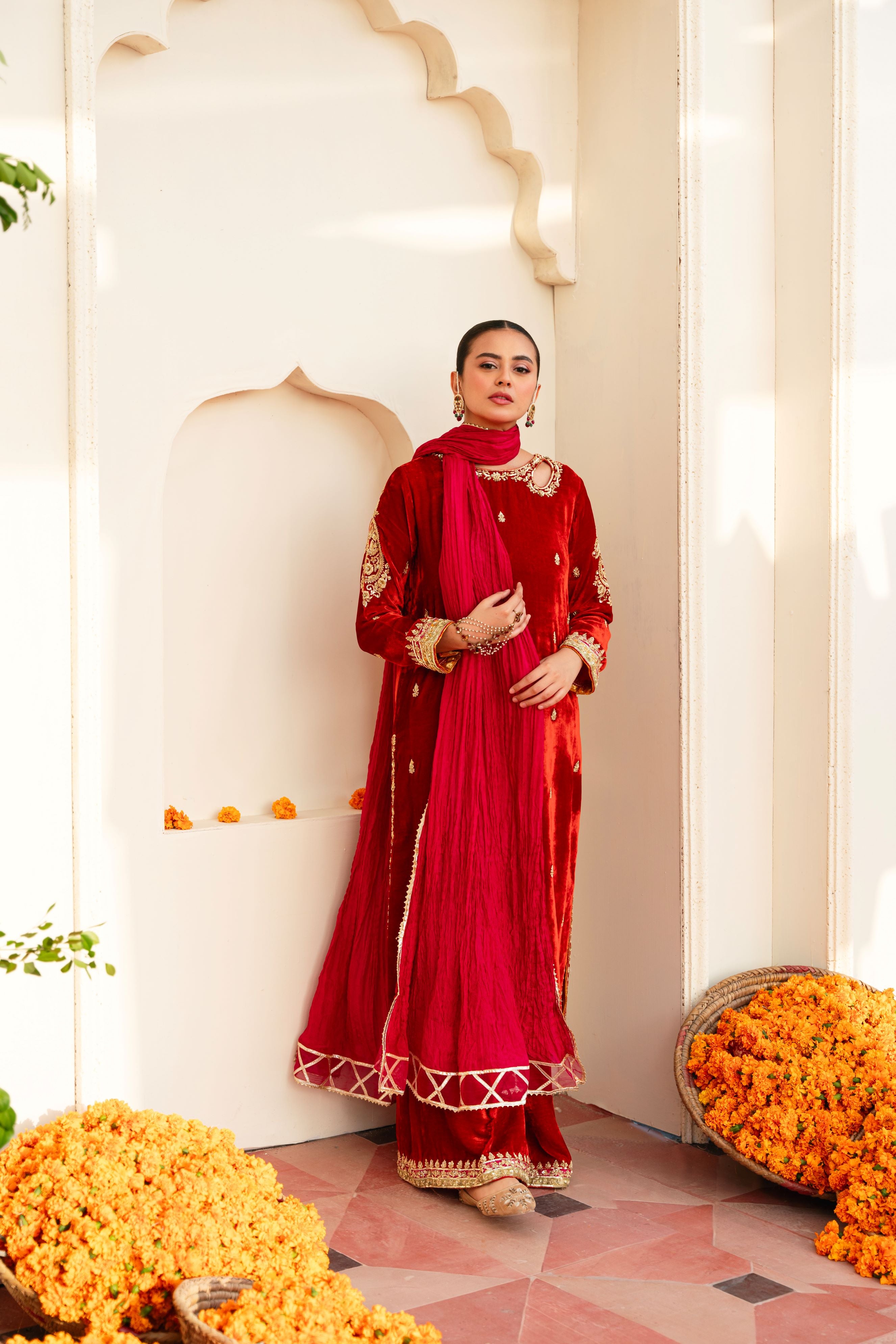 Dark Rust Hand-Embellished Velvet Salwar Kameez (3-Piece) - Image 1