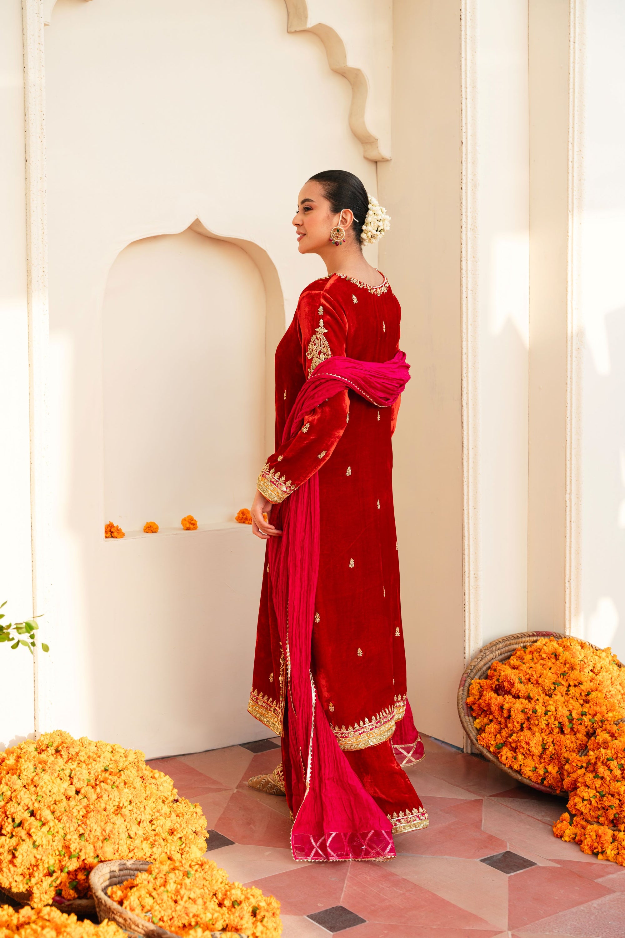 Dark Rust Hand-Embellished Velvet Salwar Kameez (3-Piece) - Image 3