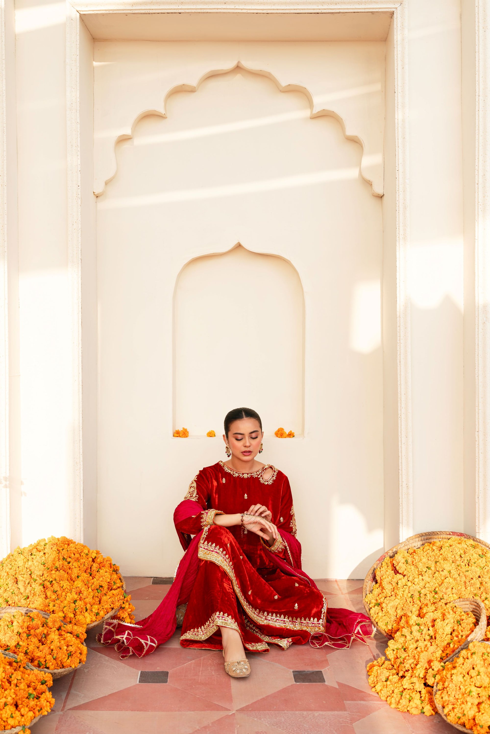 Dark Rust Hand-Embellished Velvet Salwar Kameez (3-Piece) - Image 4