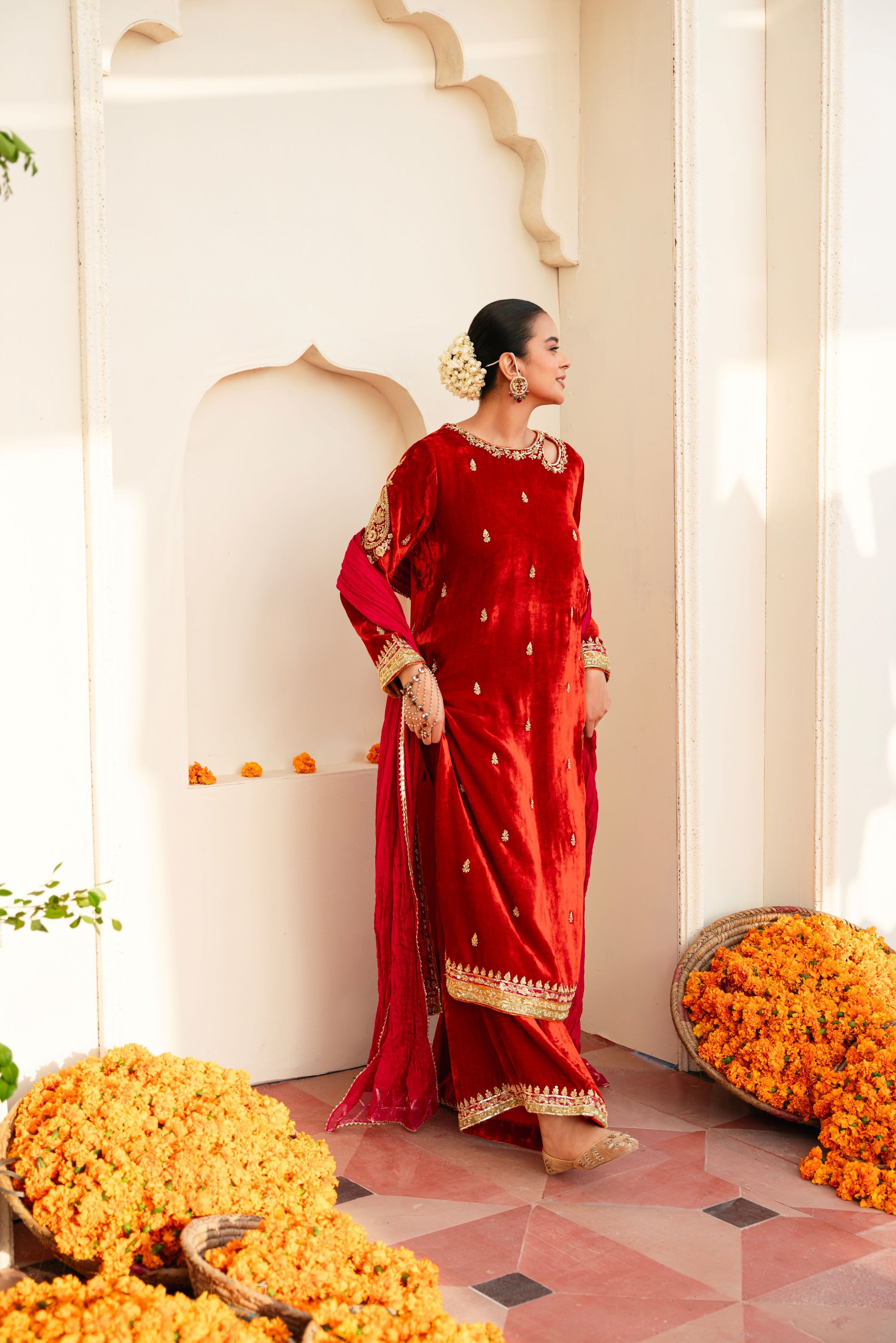 Dark Rust Hand-Embellished Velvet Salwar Kameez (3-Piece) - Image 5