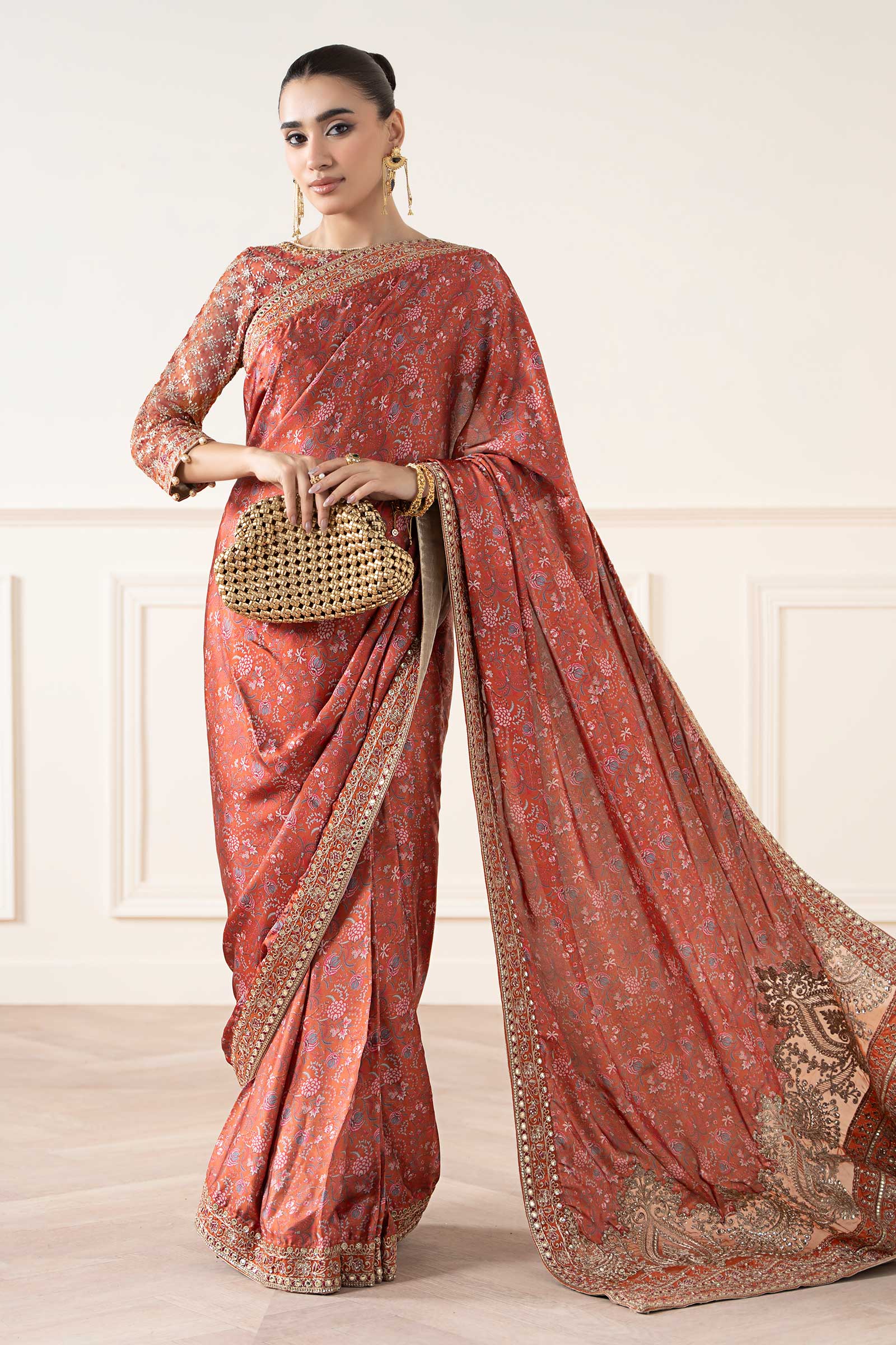 Rust Embroidered Silk Saree with Organza Blouse (3-Piece) - Image 1