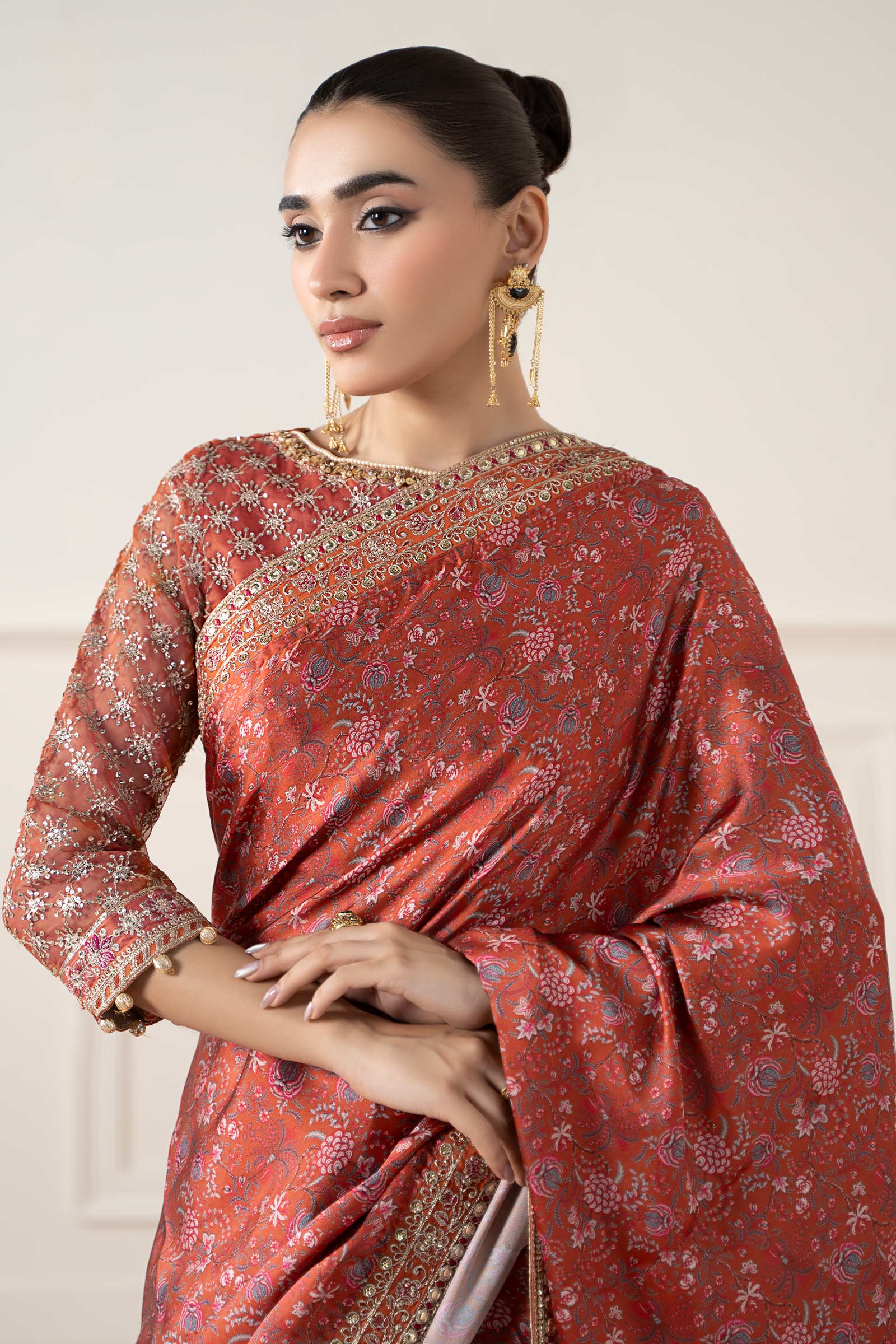 Rust Embroidered Silk Saree with Organza Blouse (3-Piece) - Image 2