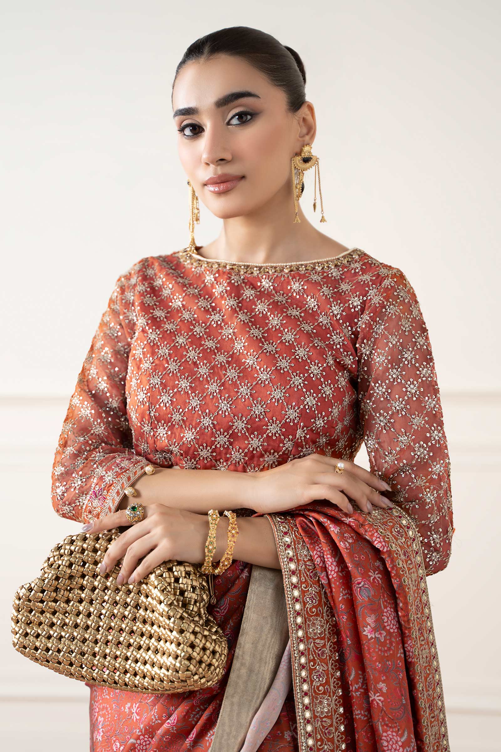 Rust Embroidered Silk Saree with Organza Blouse (3-Piece) - Image 3