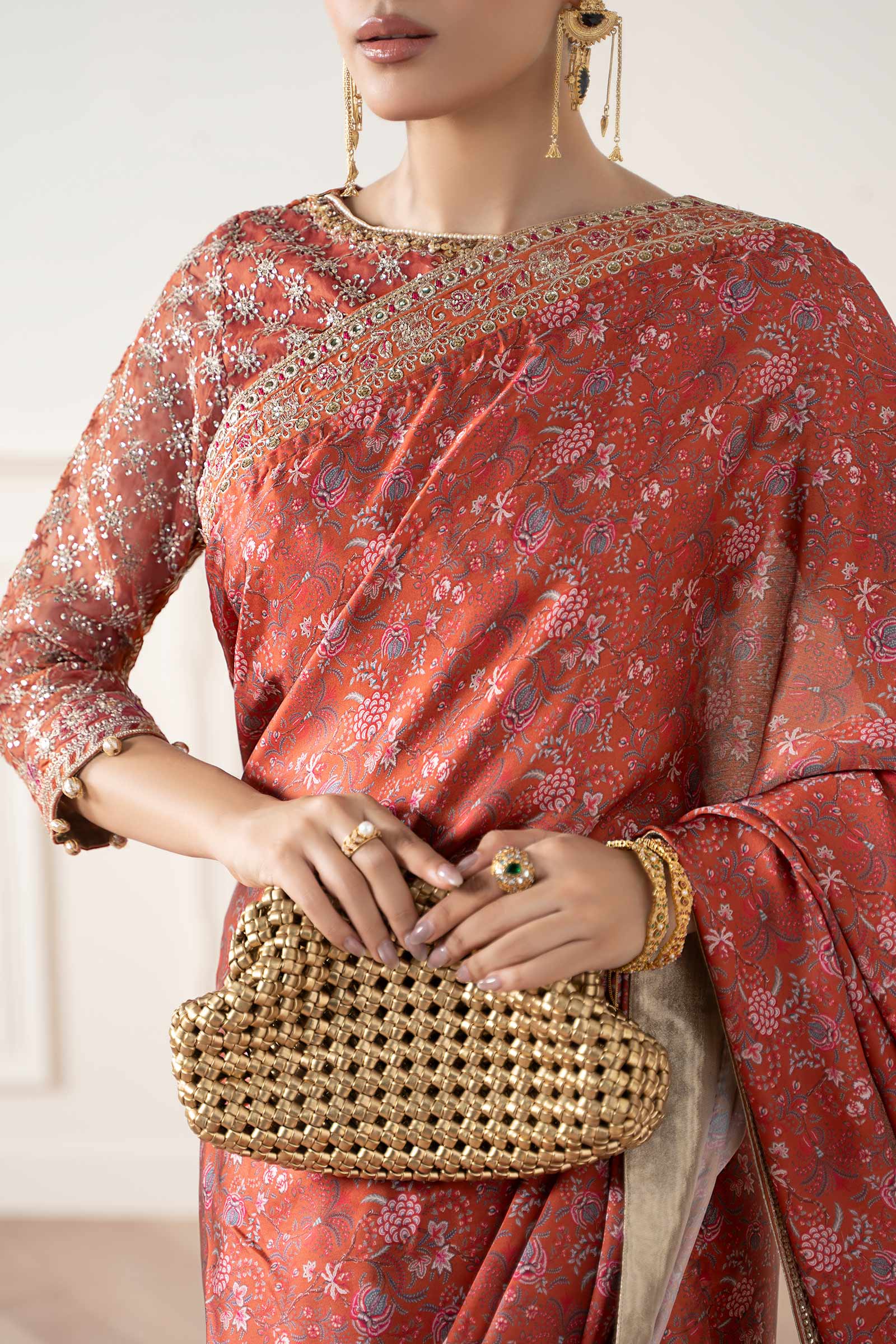 Rust Embroidered Silk Saree with Organza Blouse (3-Piece) - Image 4