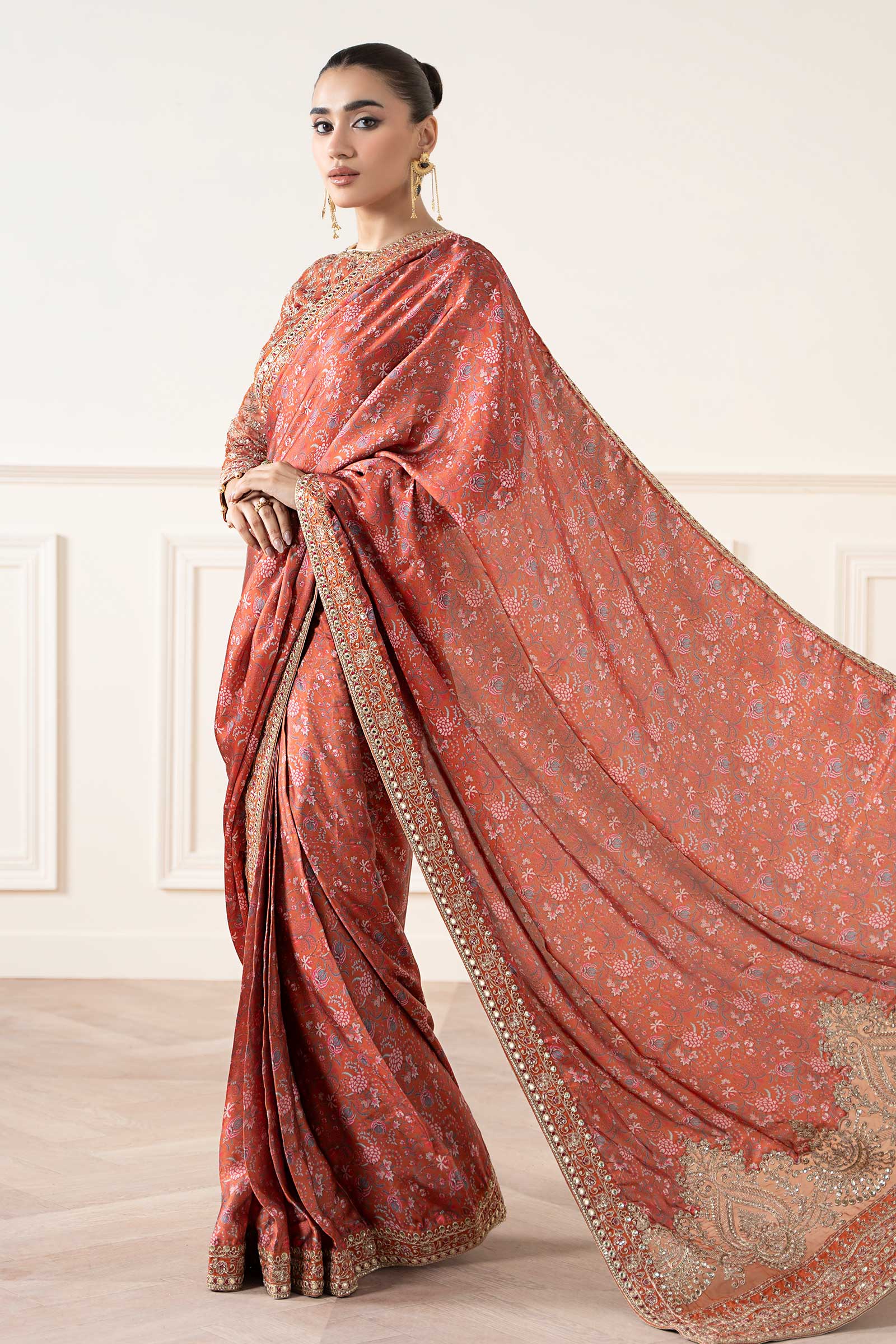 Rust Embroidered Silk Saree with Organza Blouse (3-Piece) - Image 6