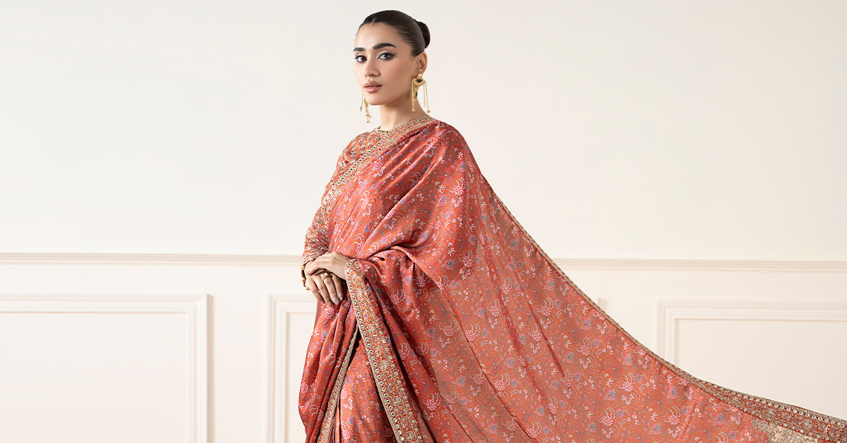 Rust Embroidered Silk Saree with Organza Blouse (3-Piece) - Image 8