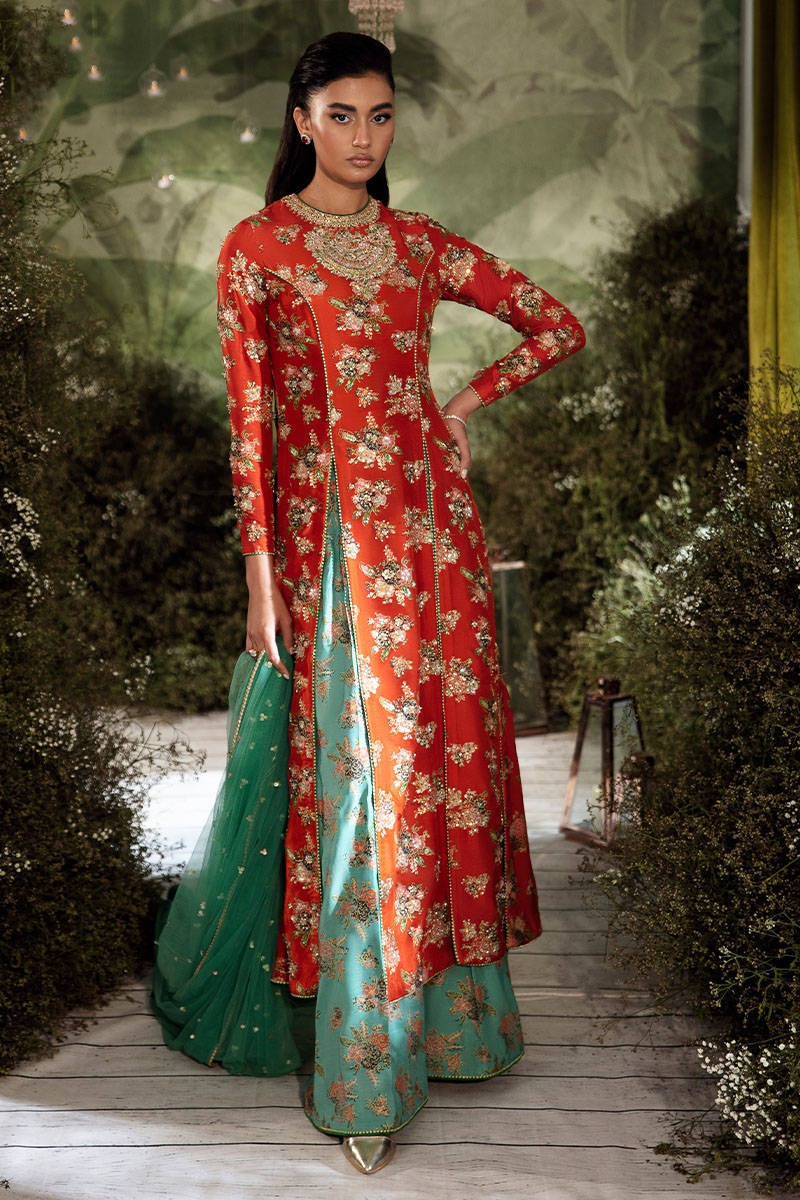 Pakistani Rust Embellished Silk-Blend Sharara Set (3-Piece) - Image 1