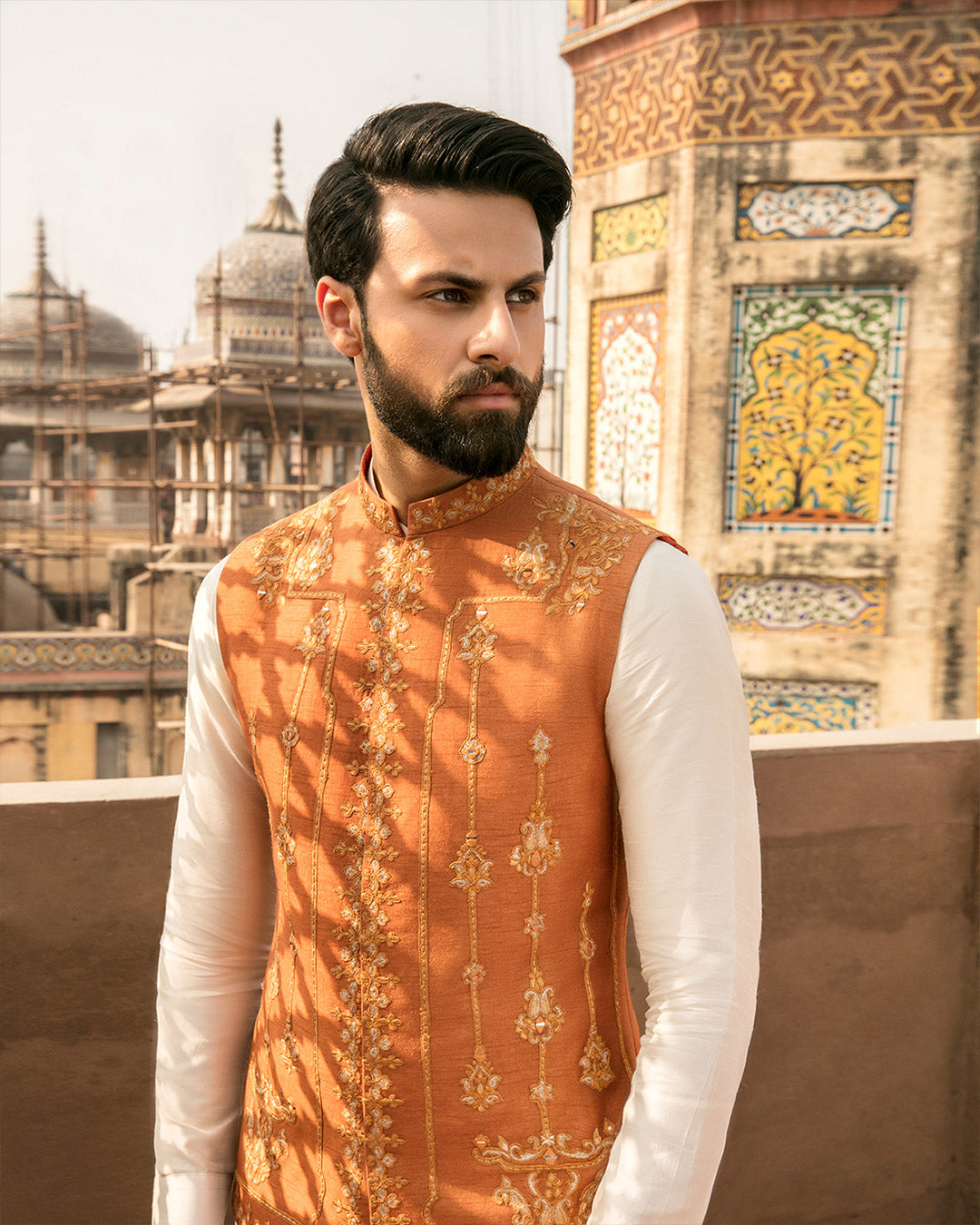 Rust Embroidered Korean Raw Silk Waistcoat Kurta (3-Piece) - Image 2